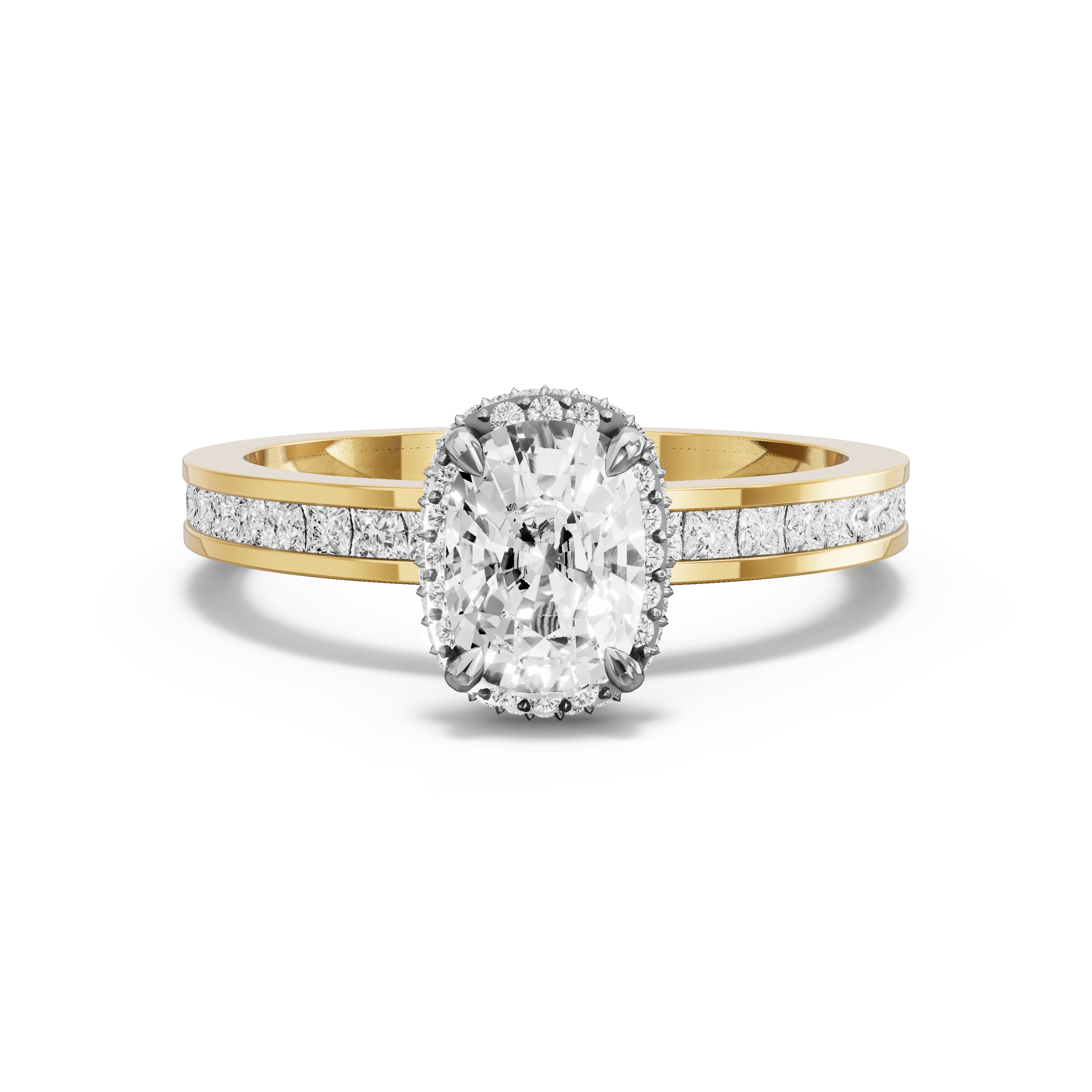 Image for Cushion Dual Halo Ring with Channel band in 10K Two Tone Yellow Gold