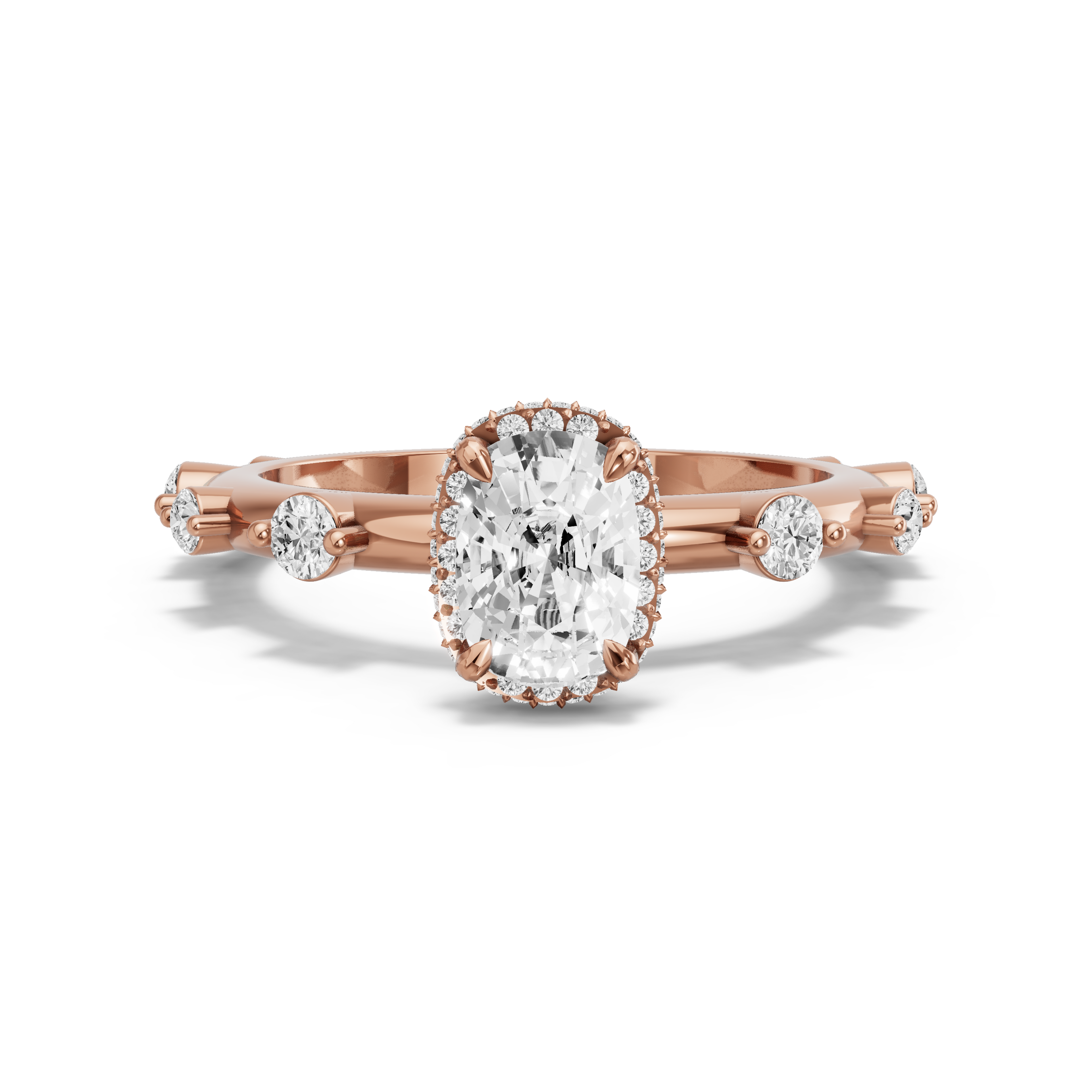Image for Cushion Dual Halo Ring with Floating Station band in 14K Rose Gold