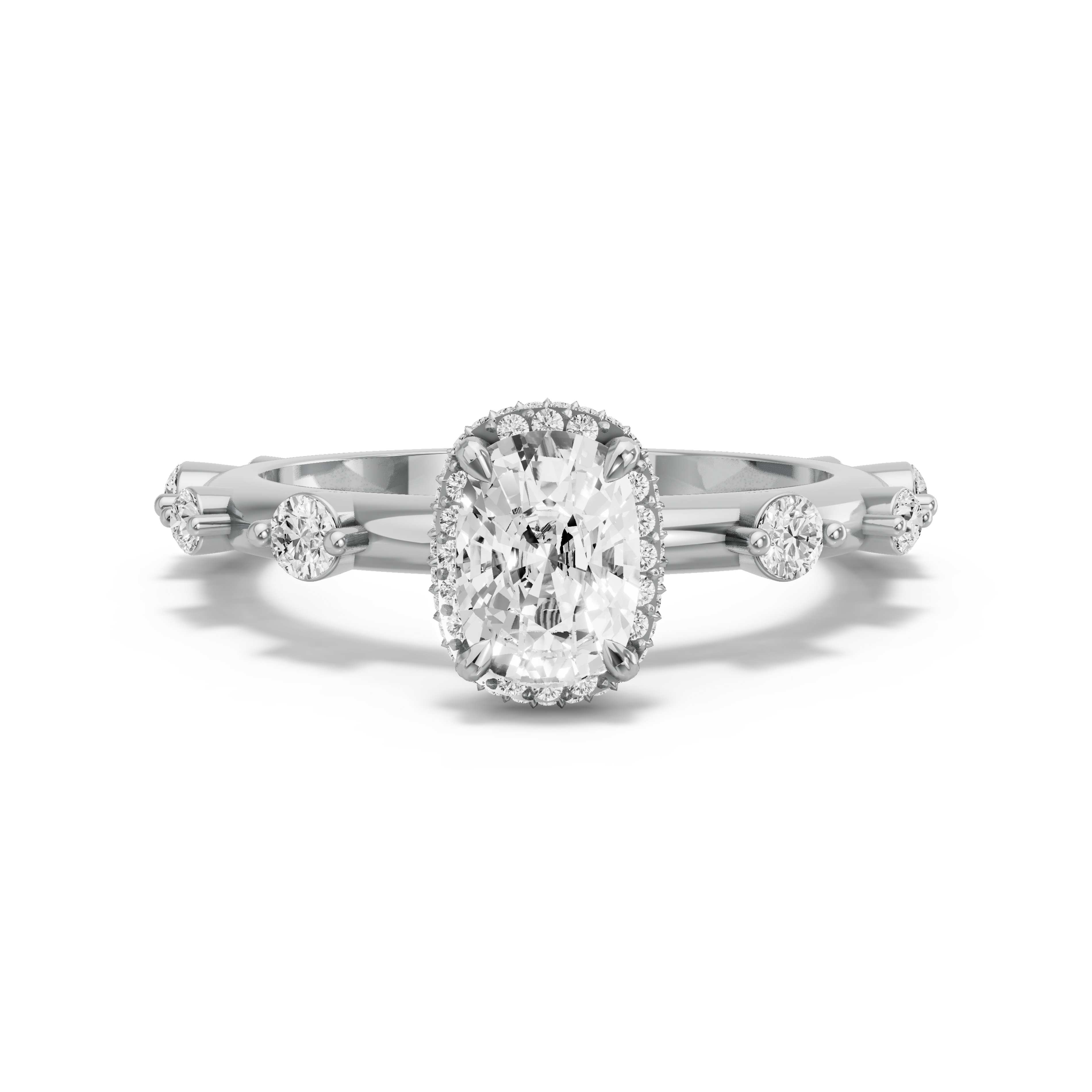 Image for Cushion Dual Halo Ring with Floating Station band in 14K White Gold