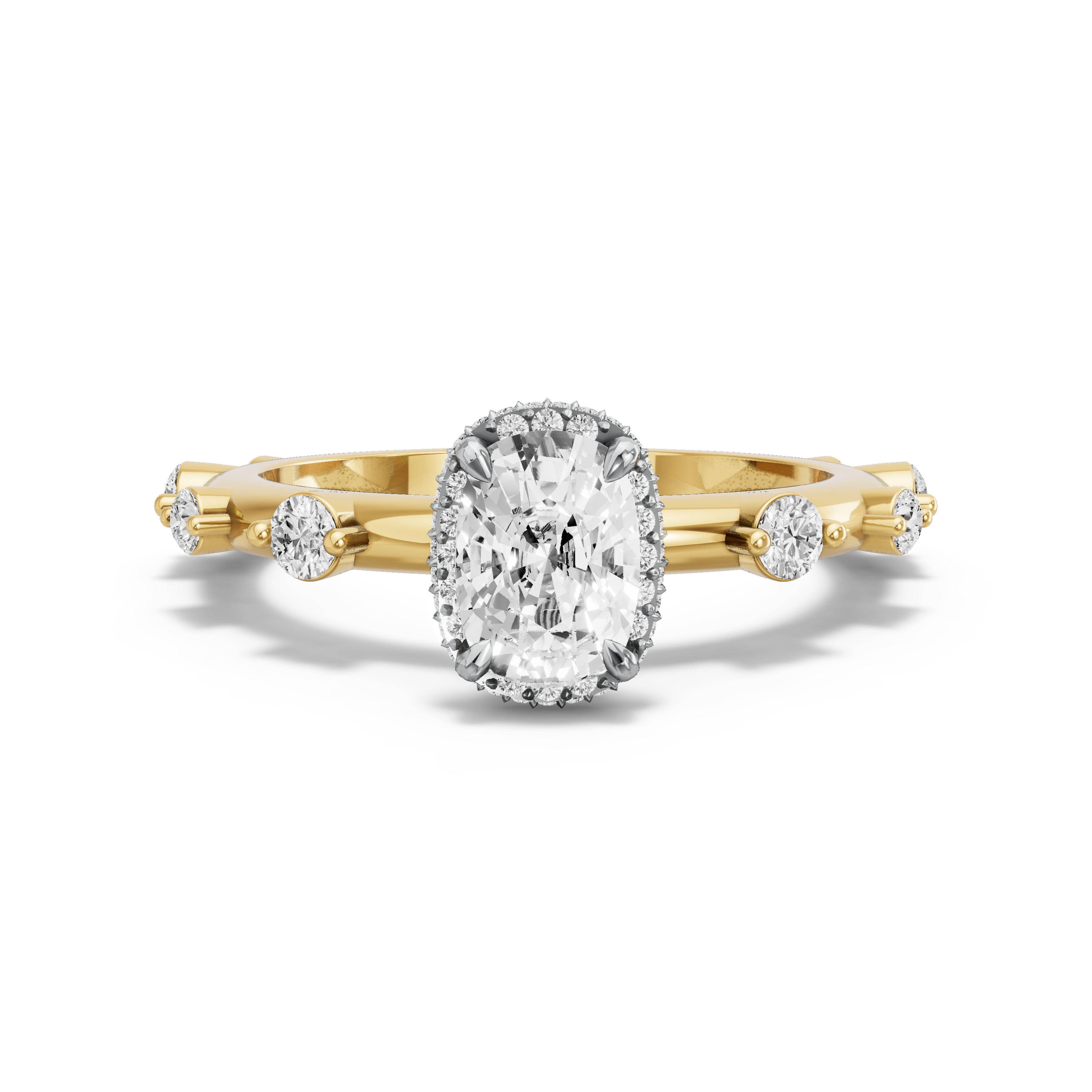 Image for Cushion Dual Halo Ring with Floating Station band in 14K Two Tone Yellow Gold