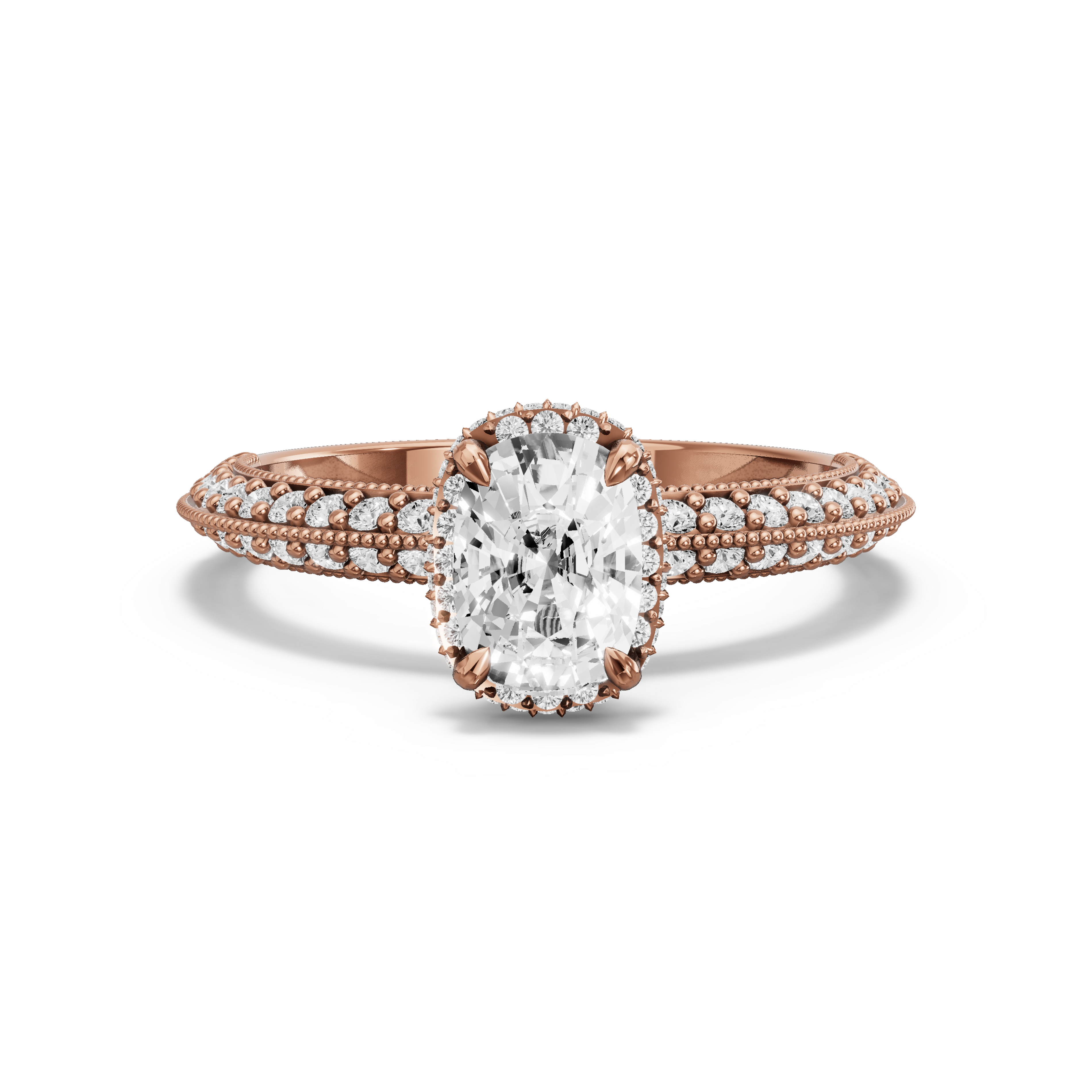 Image for Cushion Dual Halo Ring with Knife Edge Pave band in 10K Rose Gold