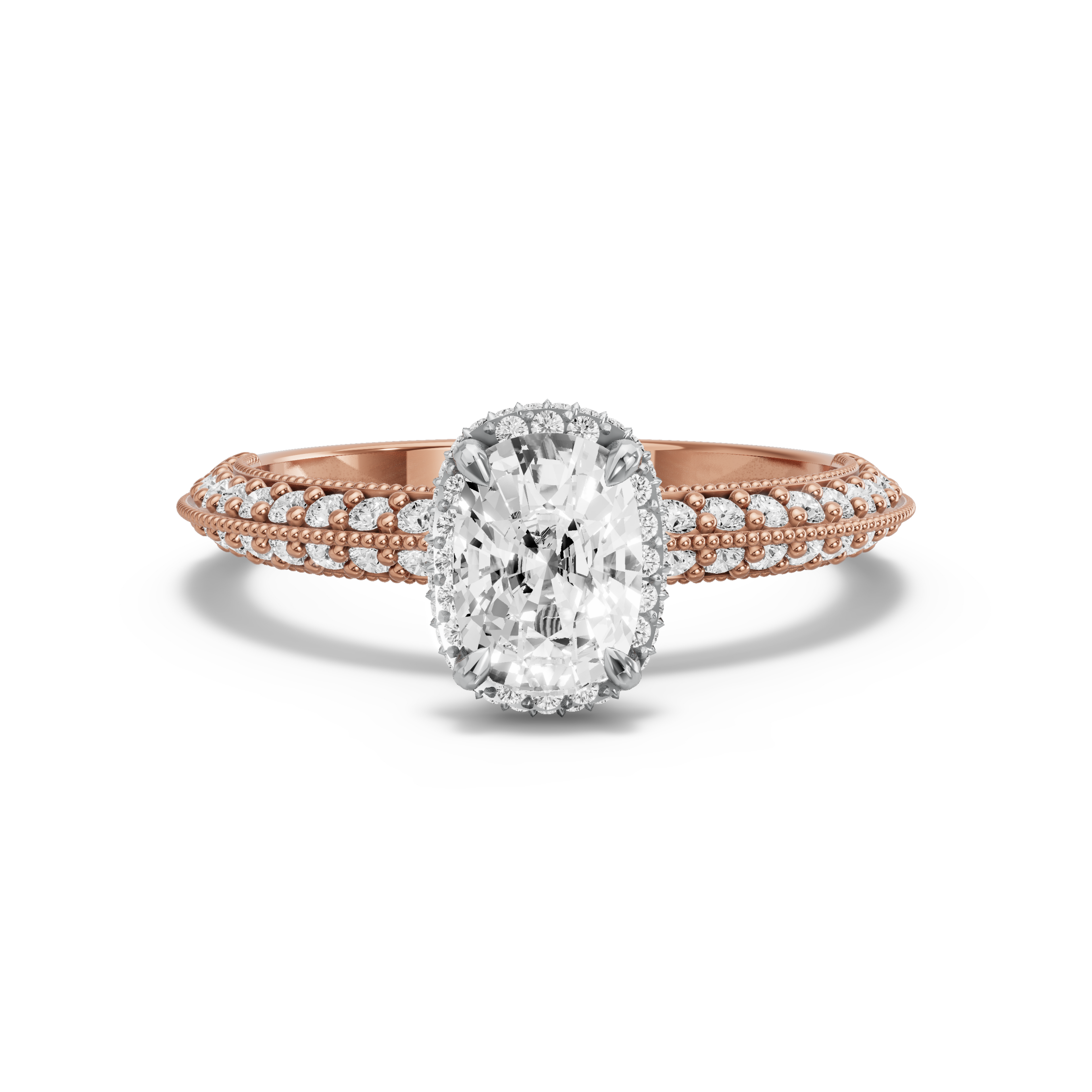 Image for Cushion Dual Halo Ring with Knife Edge Pave band in 18K Two Tone Rose Gold