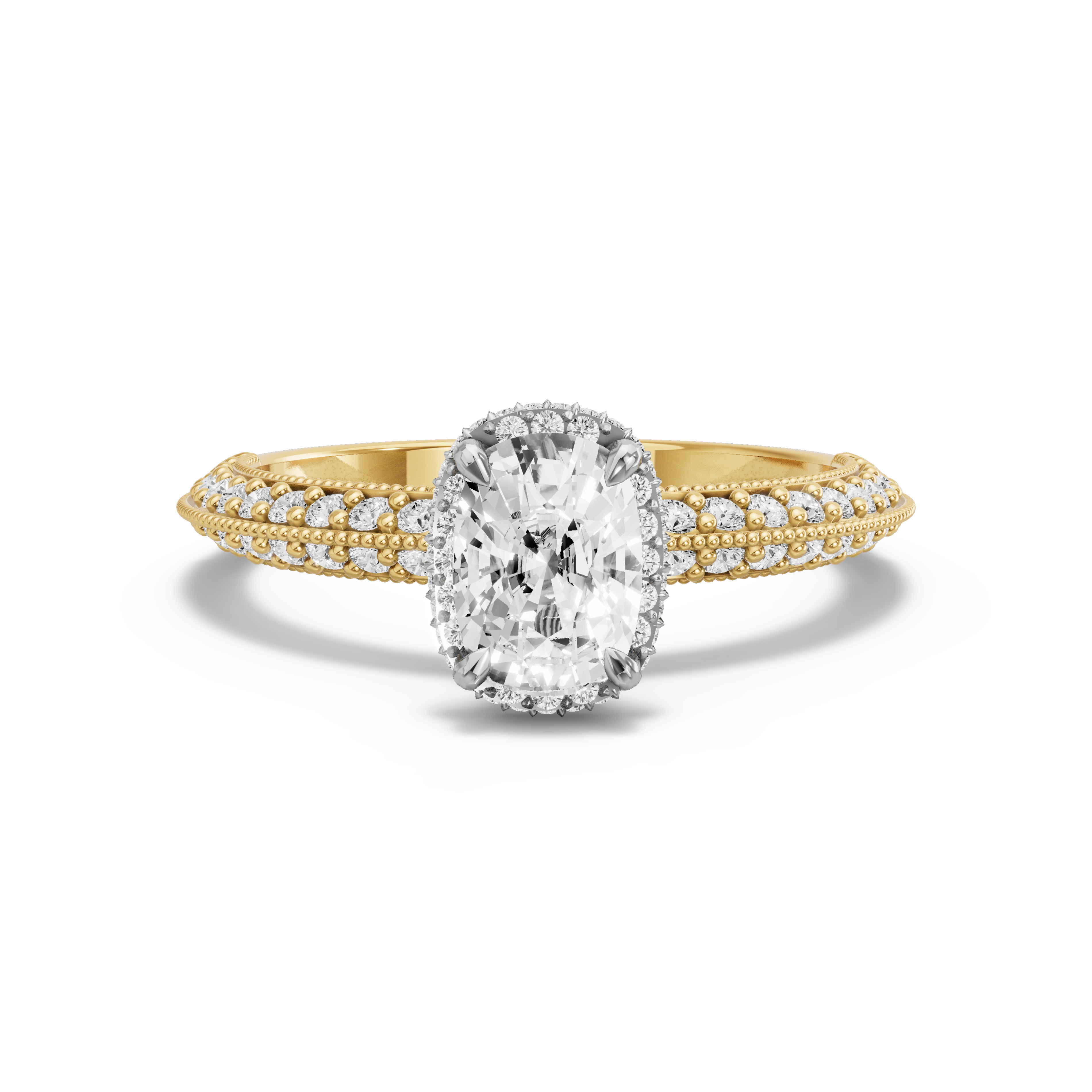 Image for Cushion Dual Halo Ring with Knife Edge Pave band in 14K Two Tone Yellow Gold