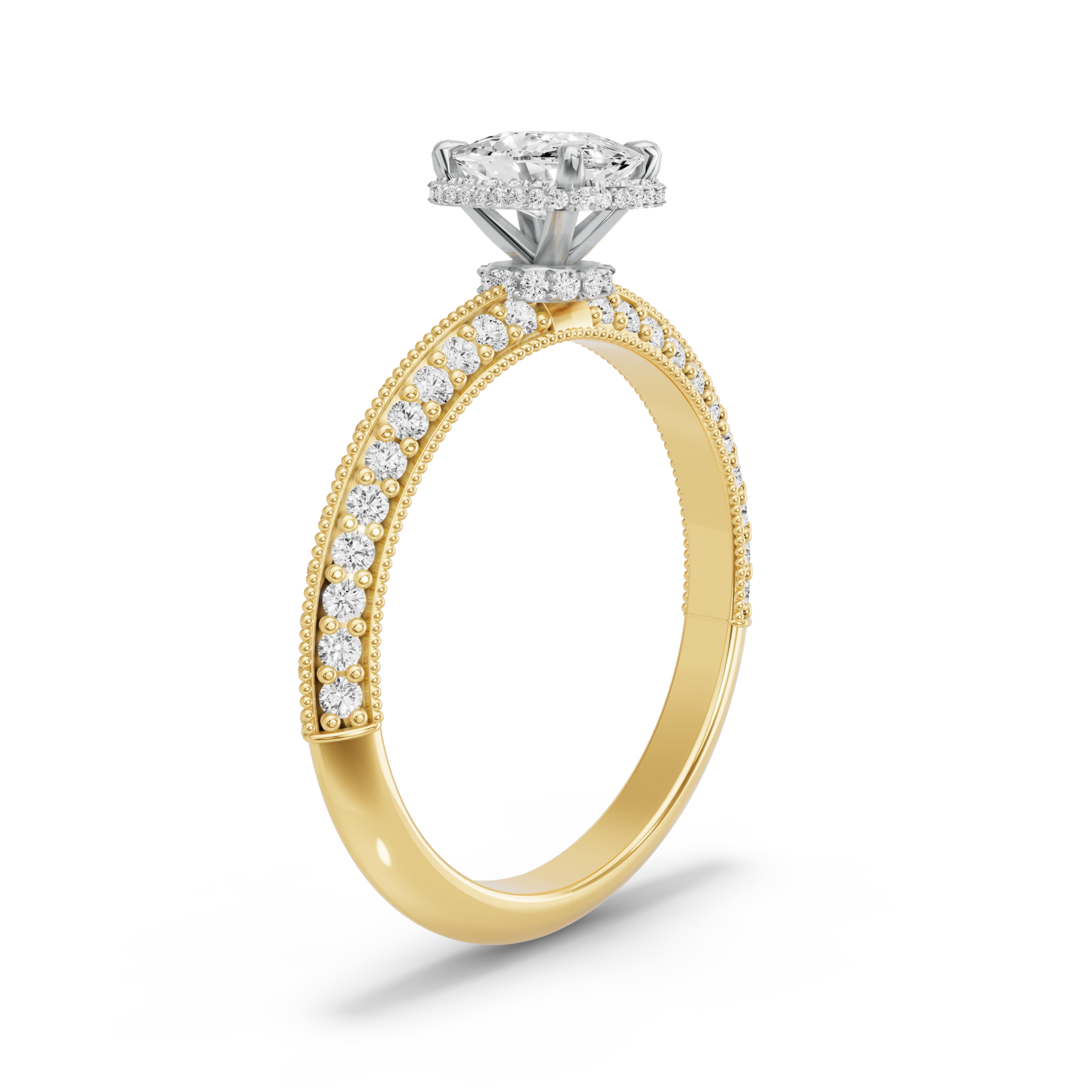 Image for Cushion Dual Halo Ring with Knife Edge Pave band in 10K Two Tone Yellow Gold