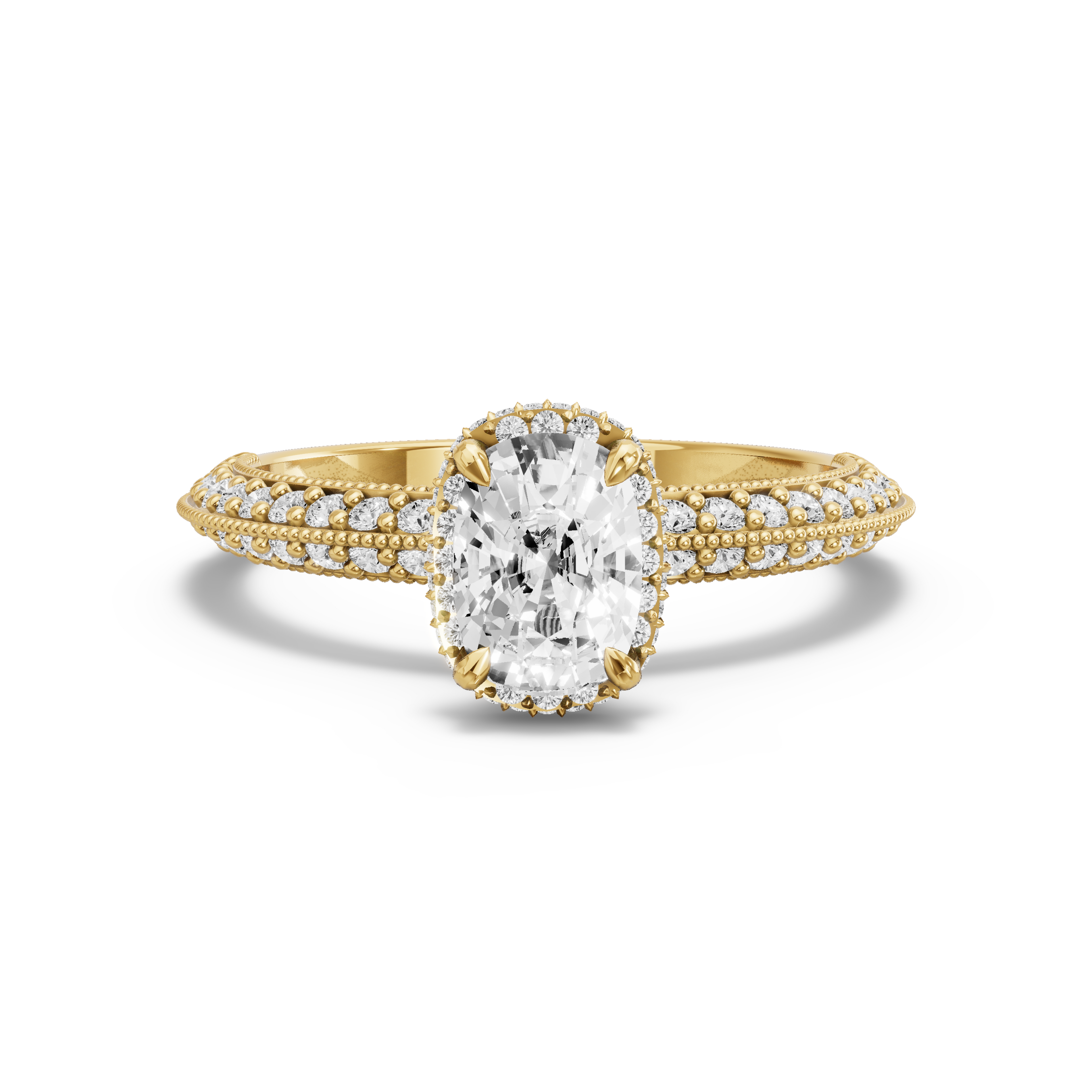 Image for Cushion Dual Halo Ring with Knife Edge Pave band in 18K Yellow Gold