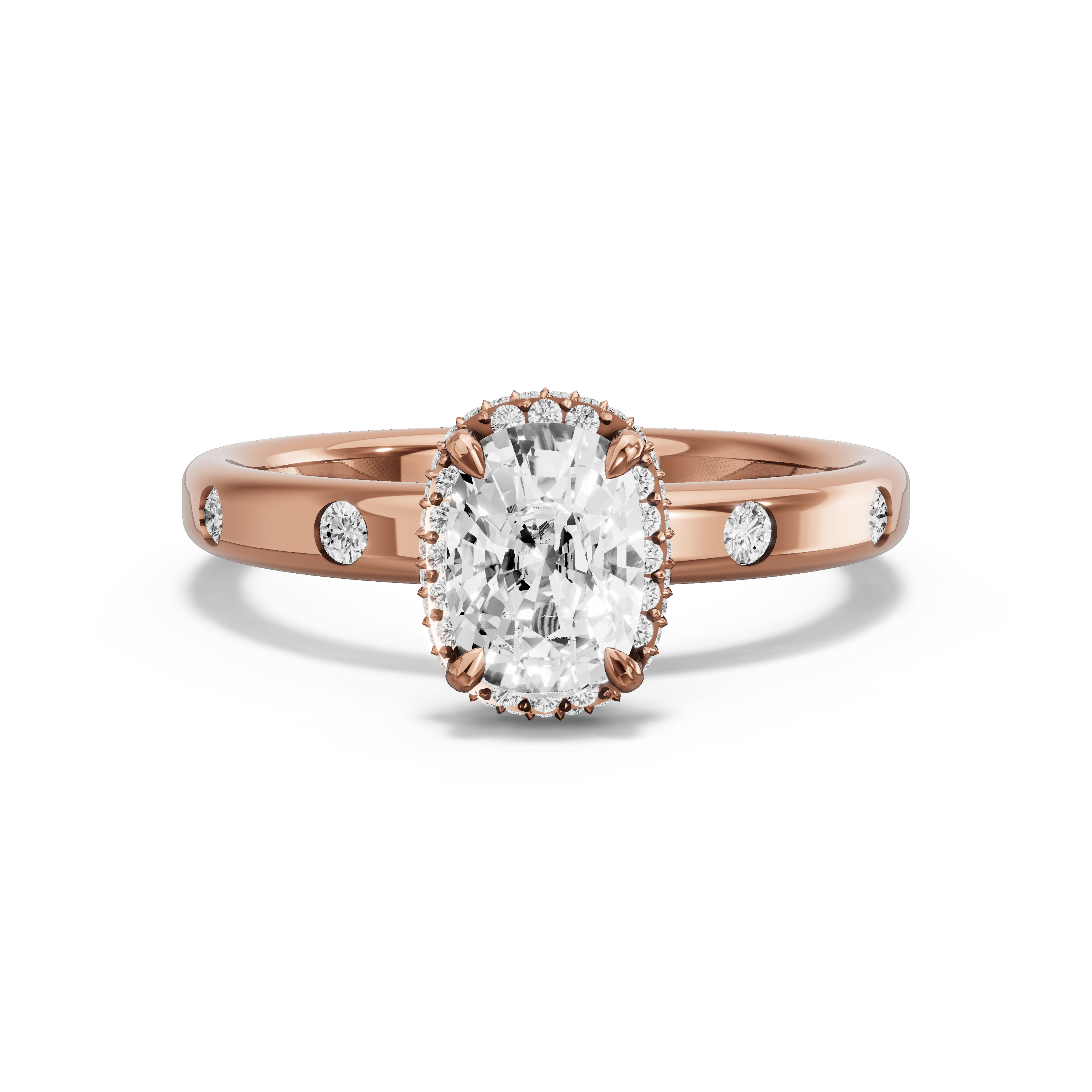 Image for Cushion Dual Halo Ring with Sleek Accent band in 18K Rose Gold