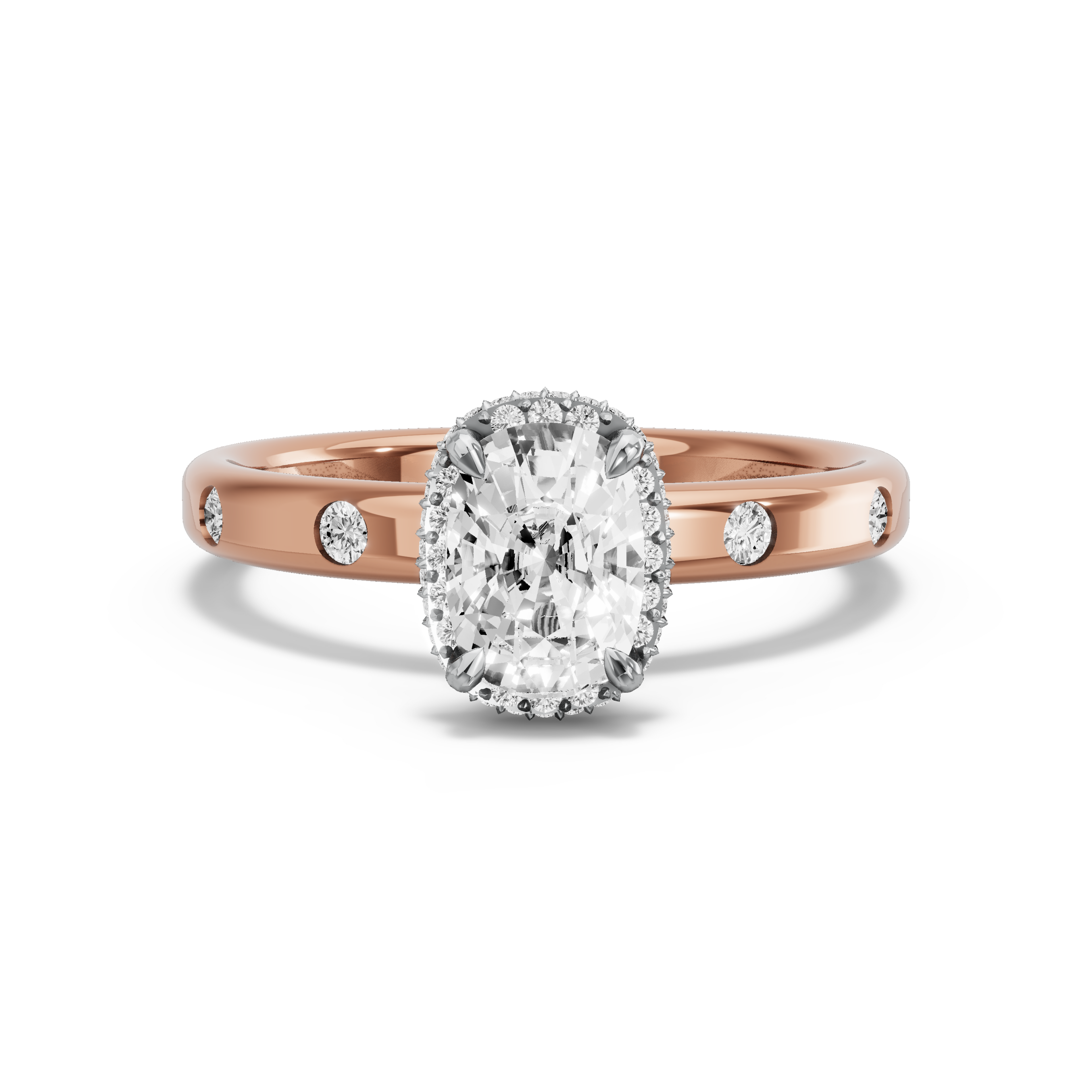 Image for Cushion Dual Halo Ring with Sleek Accent band in 14K Two Tone Rose Gold