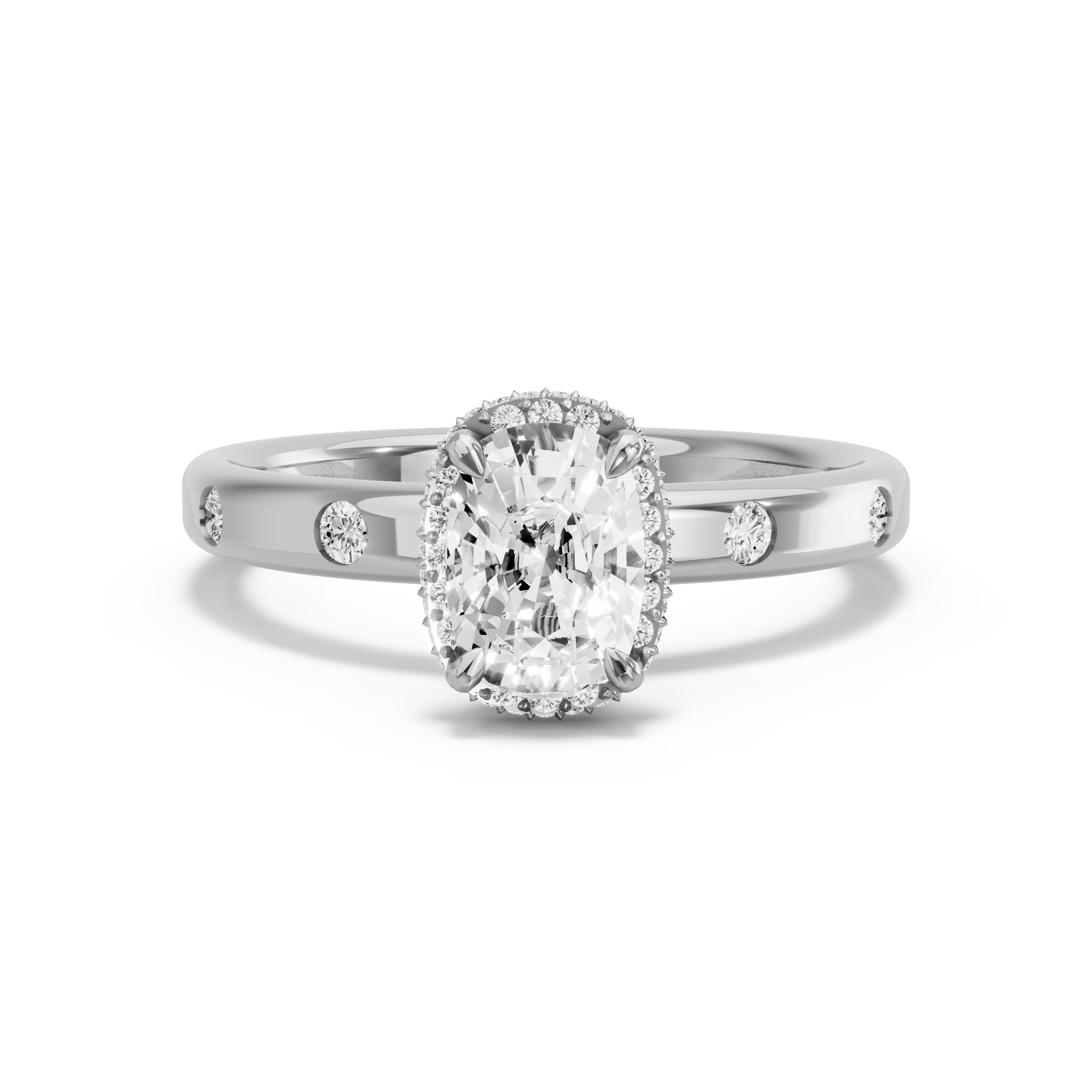 Image for Cushion Dual Halo Ring with Sleek Accent band in 10K White Gold