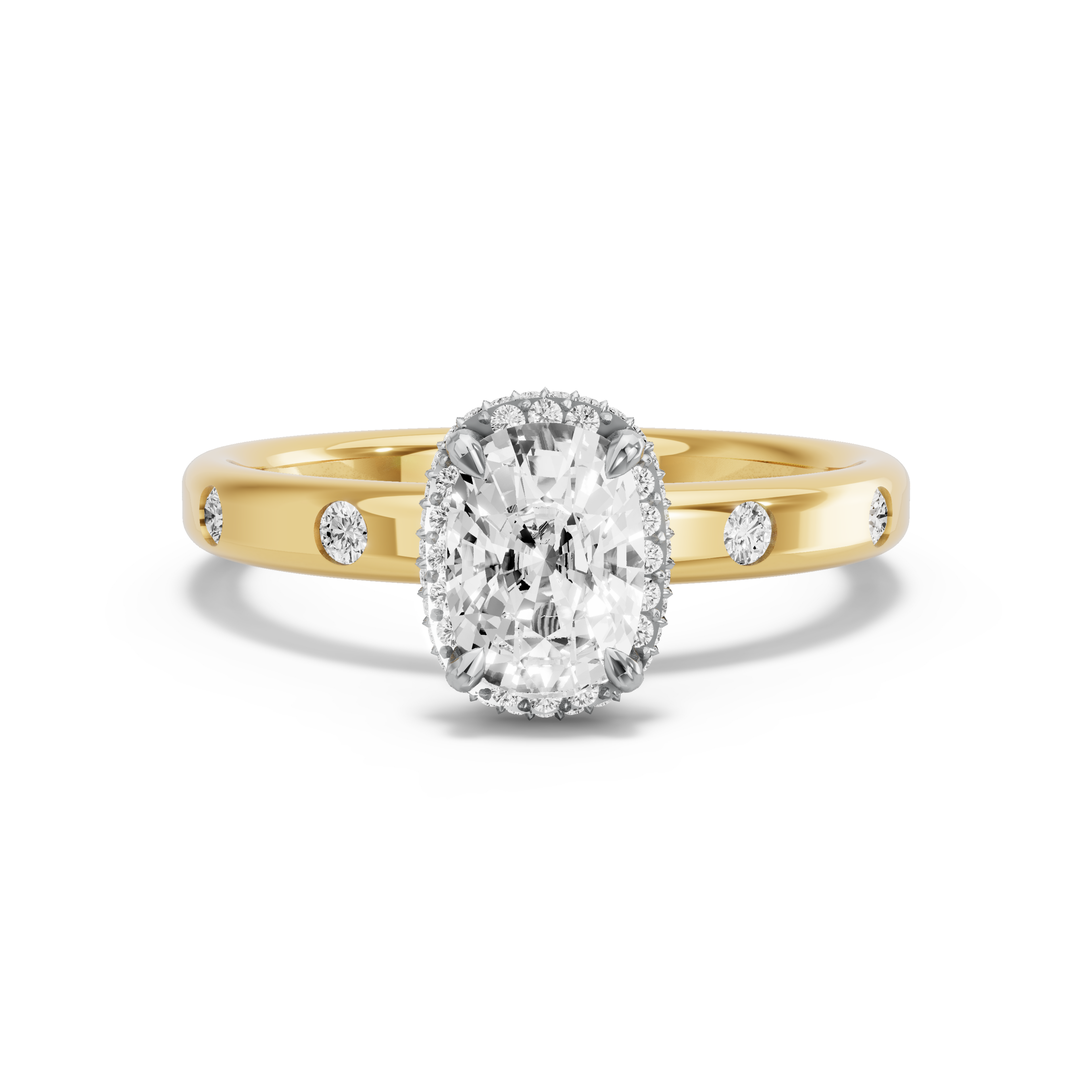 Image for Cushion Dual Halo Ring with Sleek Accent band in 18K Two Tone Yellow Gold