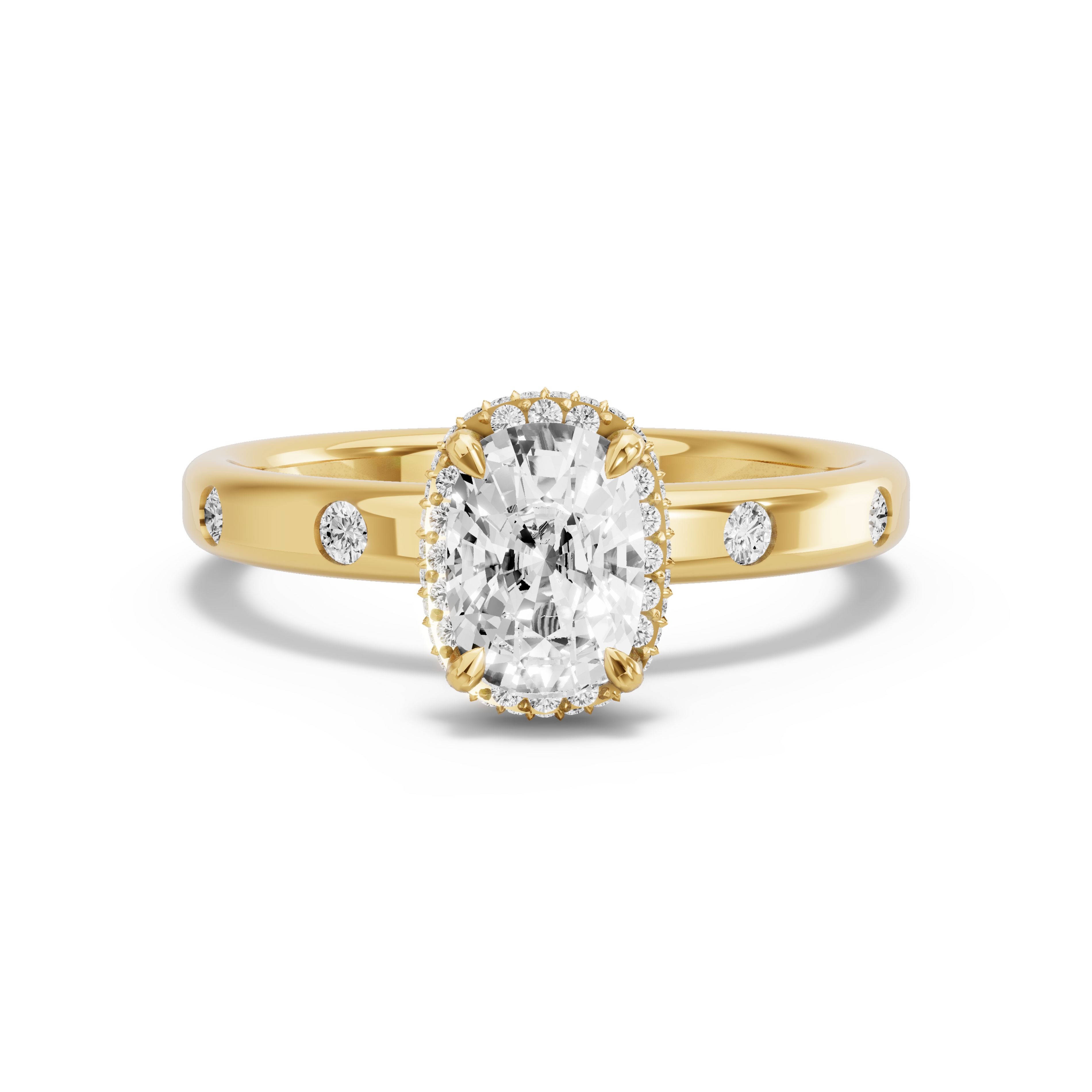 Image for Cushion Dual Halo Ring with Sleek Accent band in 18K Yellow Gold