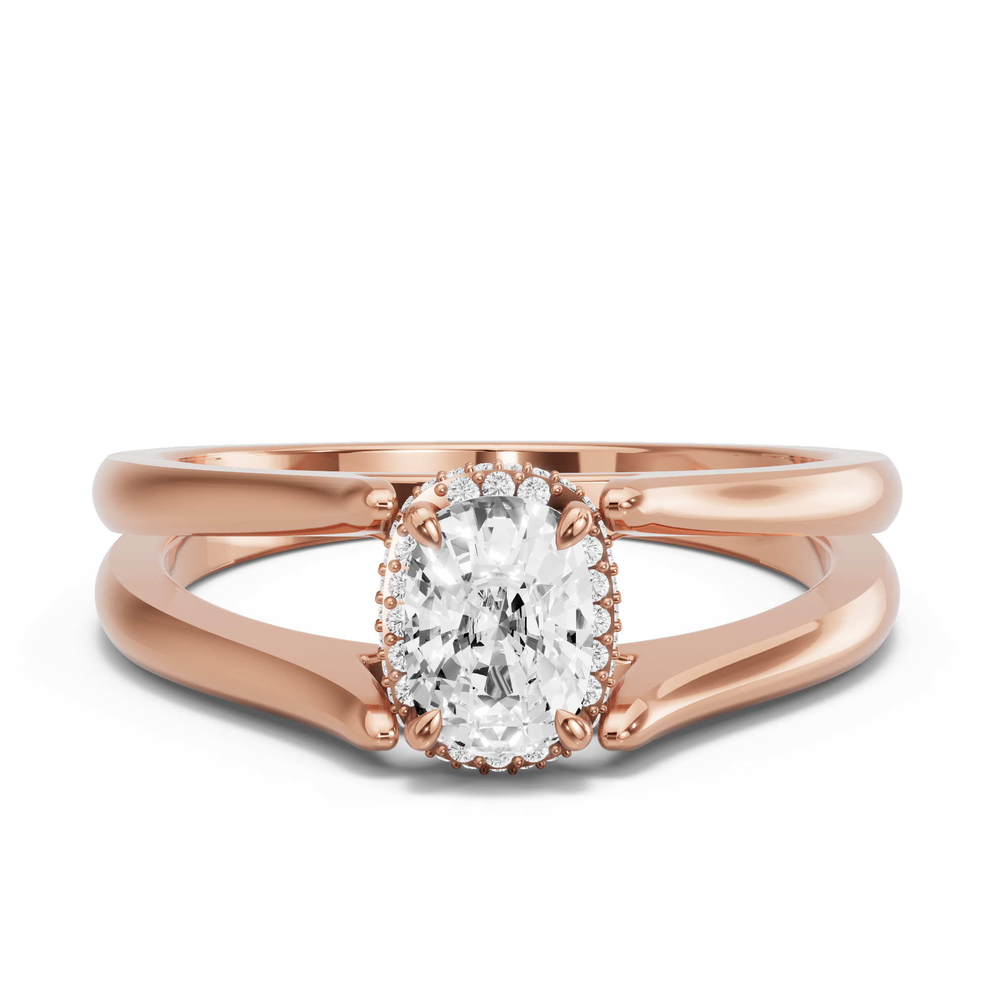 Image for Cushion Dual Halo Ring with Split Ring Solitaire band in 14K Rose Gold