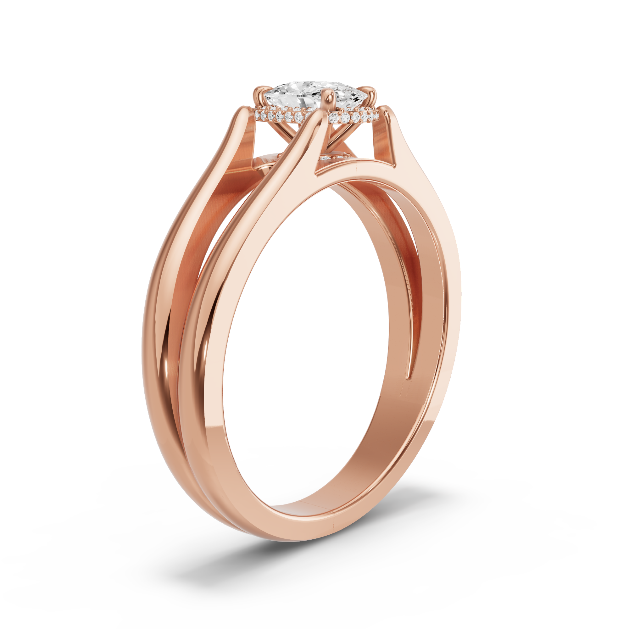 Image for Cushion Dual Halo Ring with Split Ring Solitaire band in 14K Rose Gold