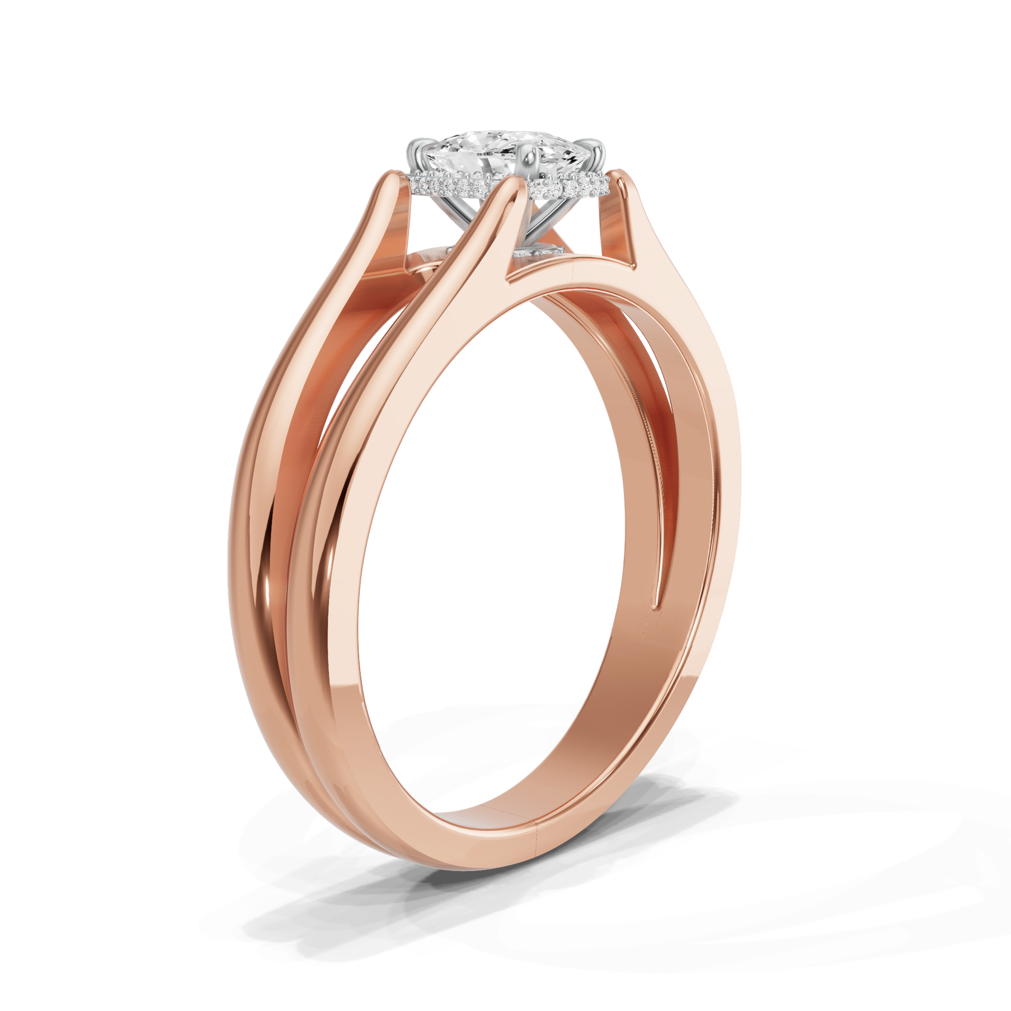 Image for Cushion Dual Halo Ring with Split Ring Solitaire band in 14K Two Tone Rose Gold