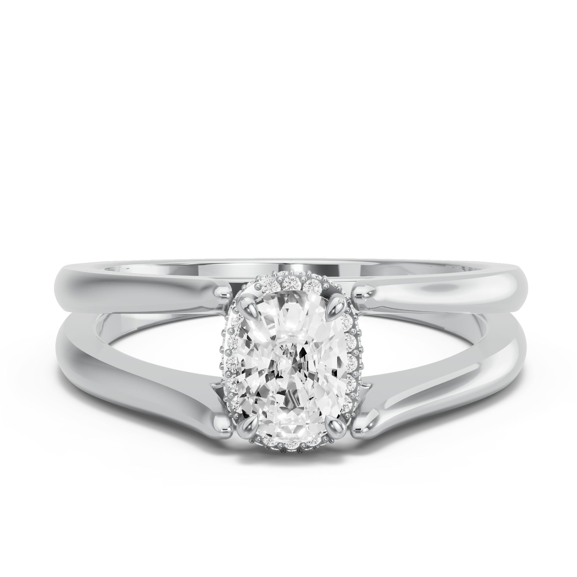 Image for Cushion Dual Halo Ring with Split Ring Solitaire band in 14K White Gold