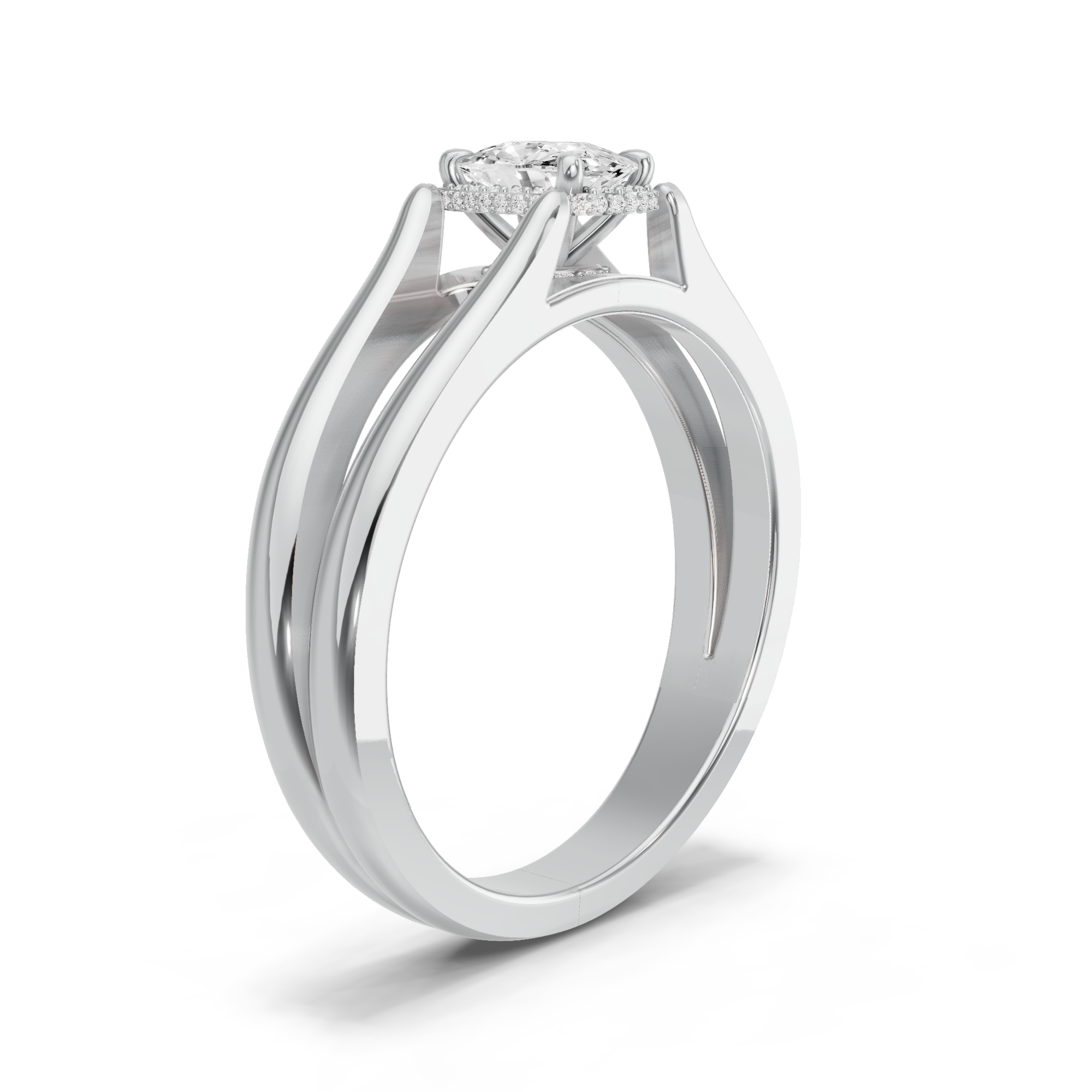 Image for Cushion Dual Halo Ring with Split Ring Solitaire band in 14K White Gold