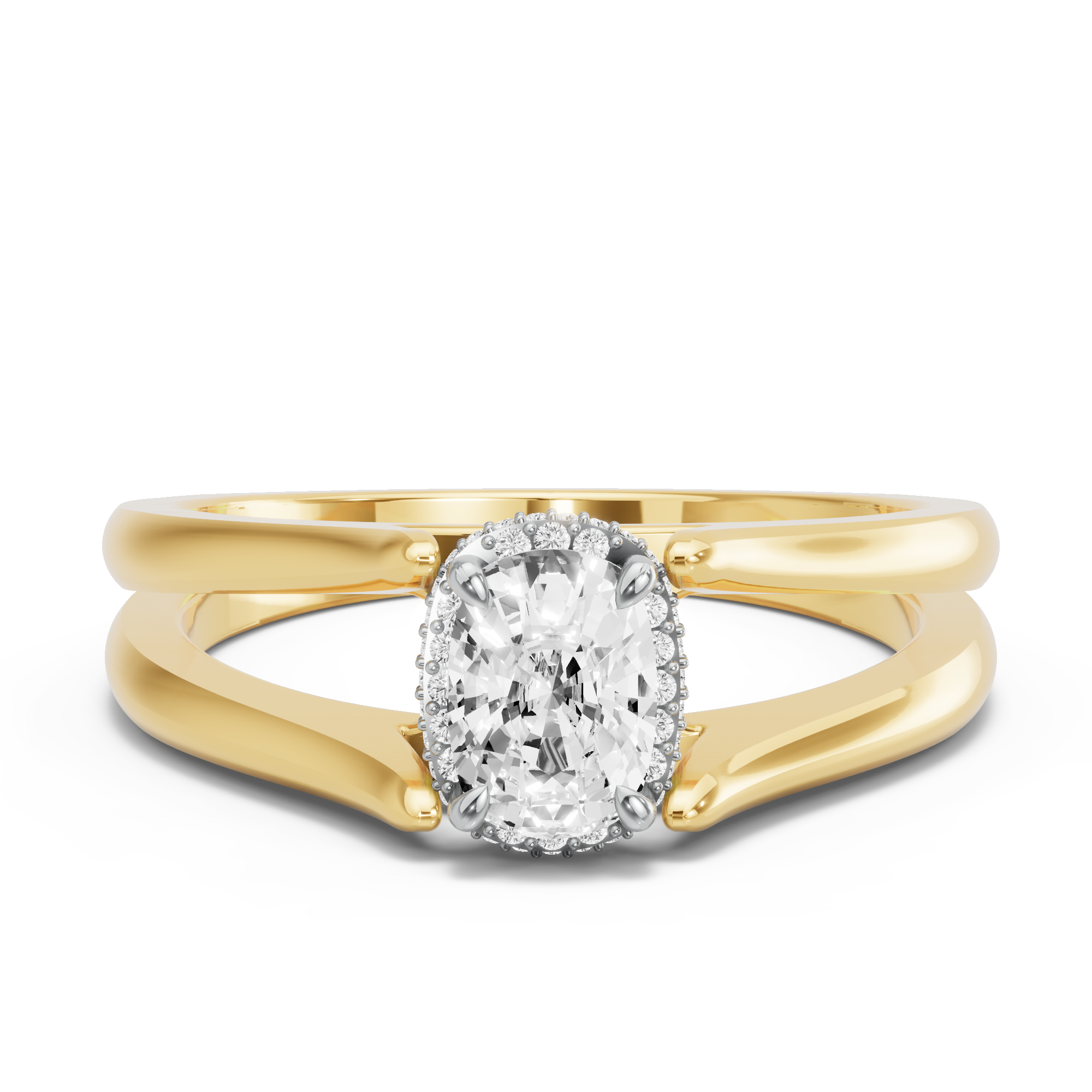 Image for Cushion Dual Halo Ring with Split Ring Solitaire band in 14K Two Tone Yellow Gold
