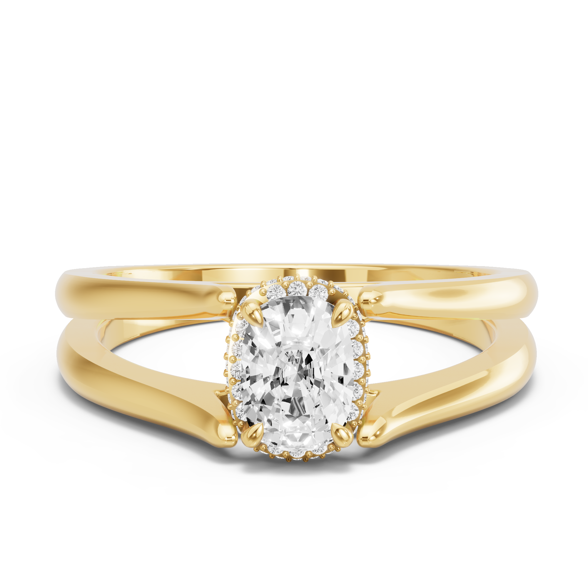 Image for Cushion Dual Halo Ring with Split Ring Solitaire band in 14K Yellow Gold
