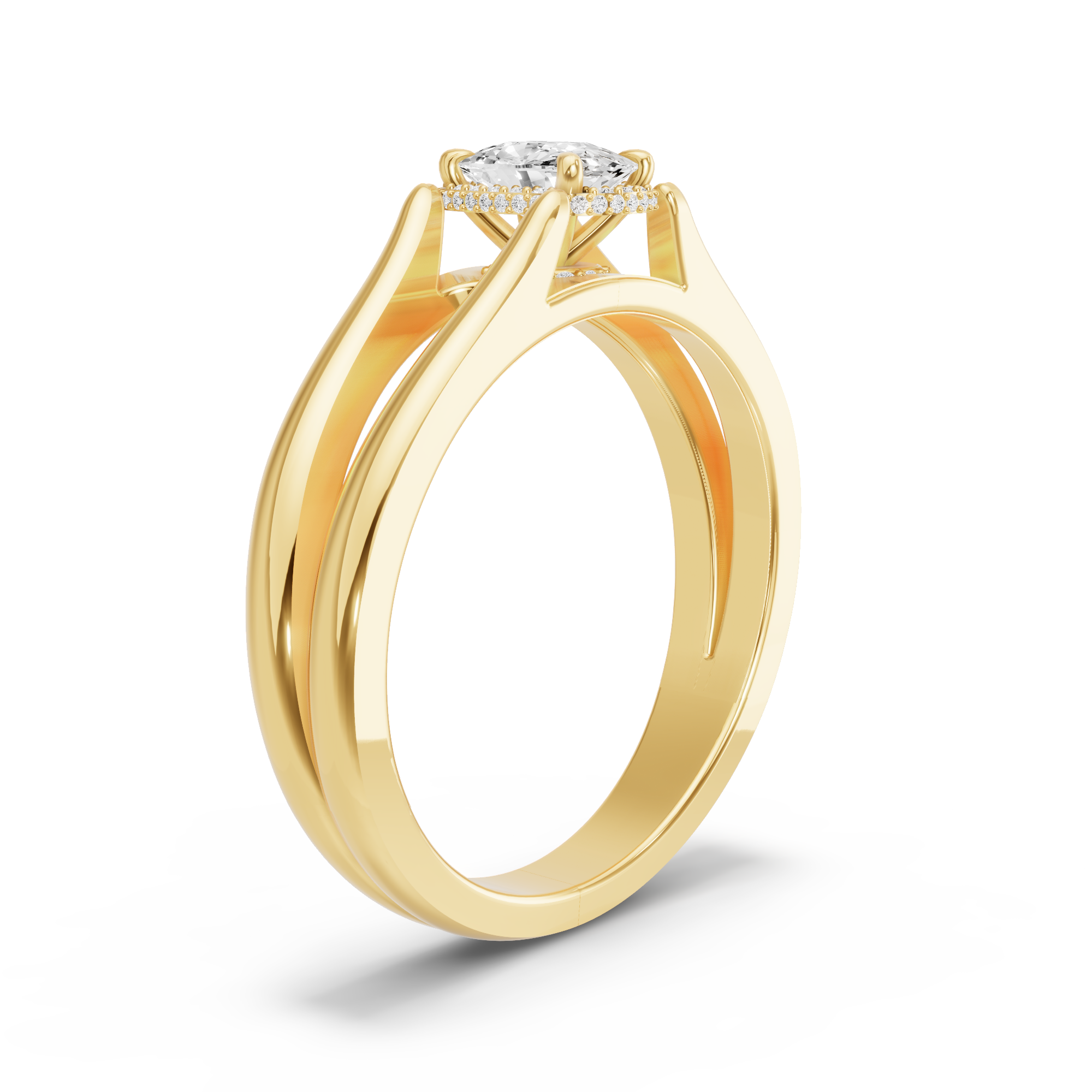 Image for Cushion Dual Halo Ring with Split Ring Solitaire band in 14K Yellow Gold