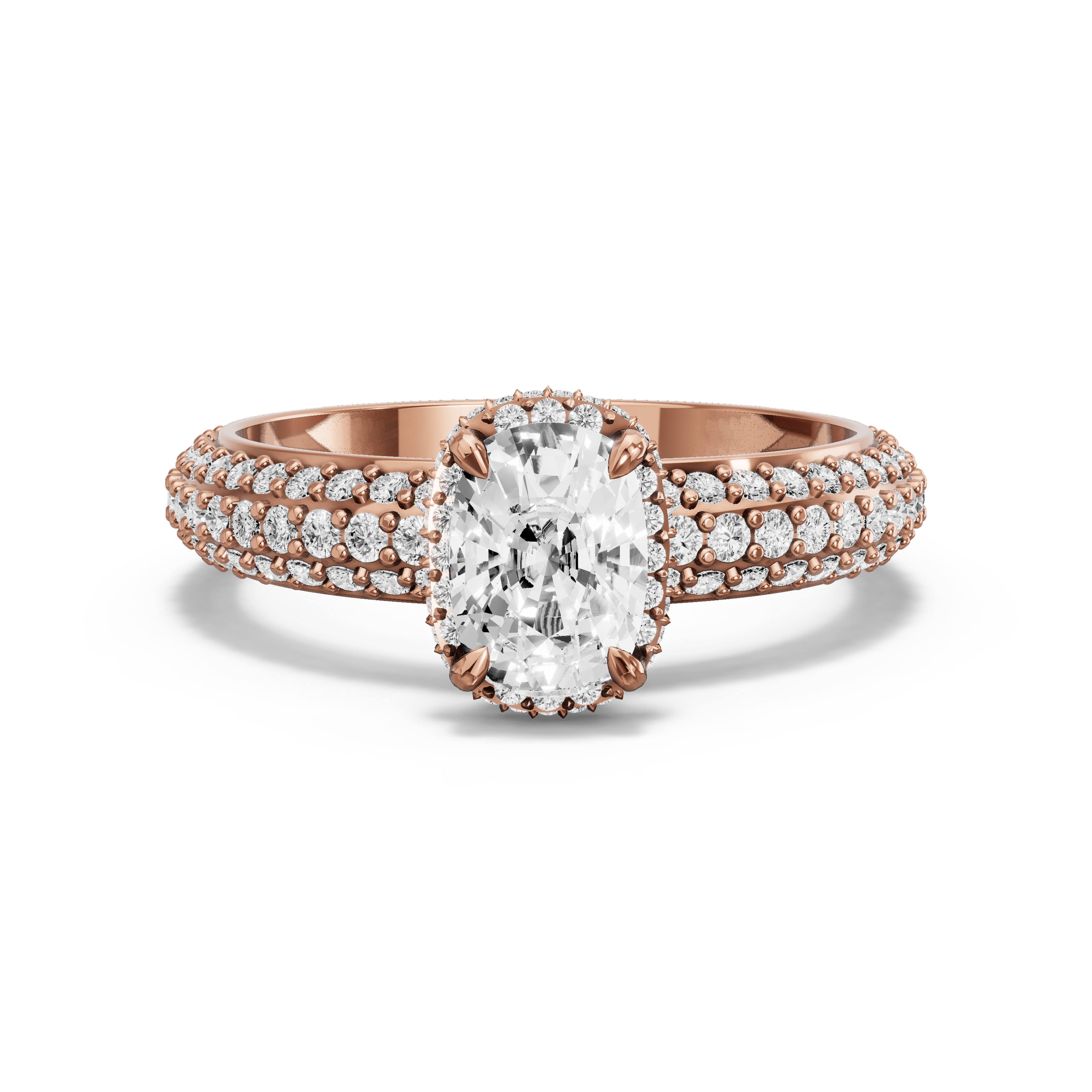 Image for Cushion Dual Halo Ring with Triple Row Pave band in 10K Rose Gold