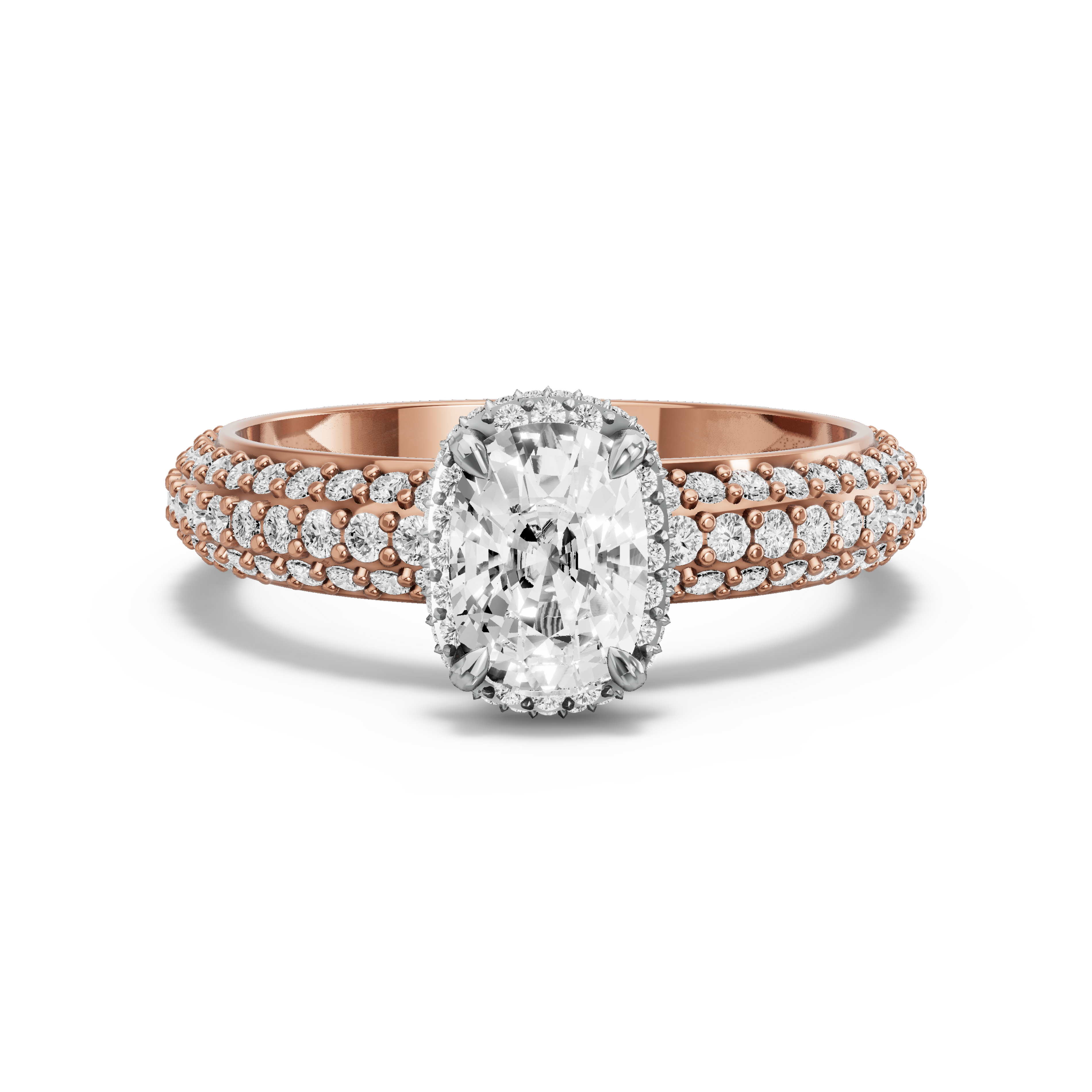 Image for Cushion Dual Halo Ring with Triple Row Pave band in 10K Two Tone Rose Gold