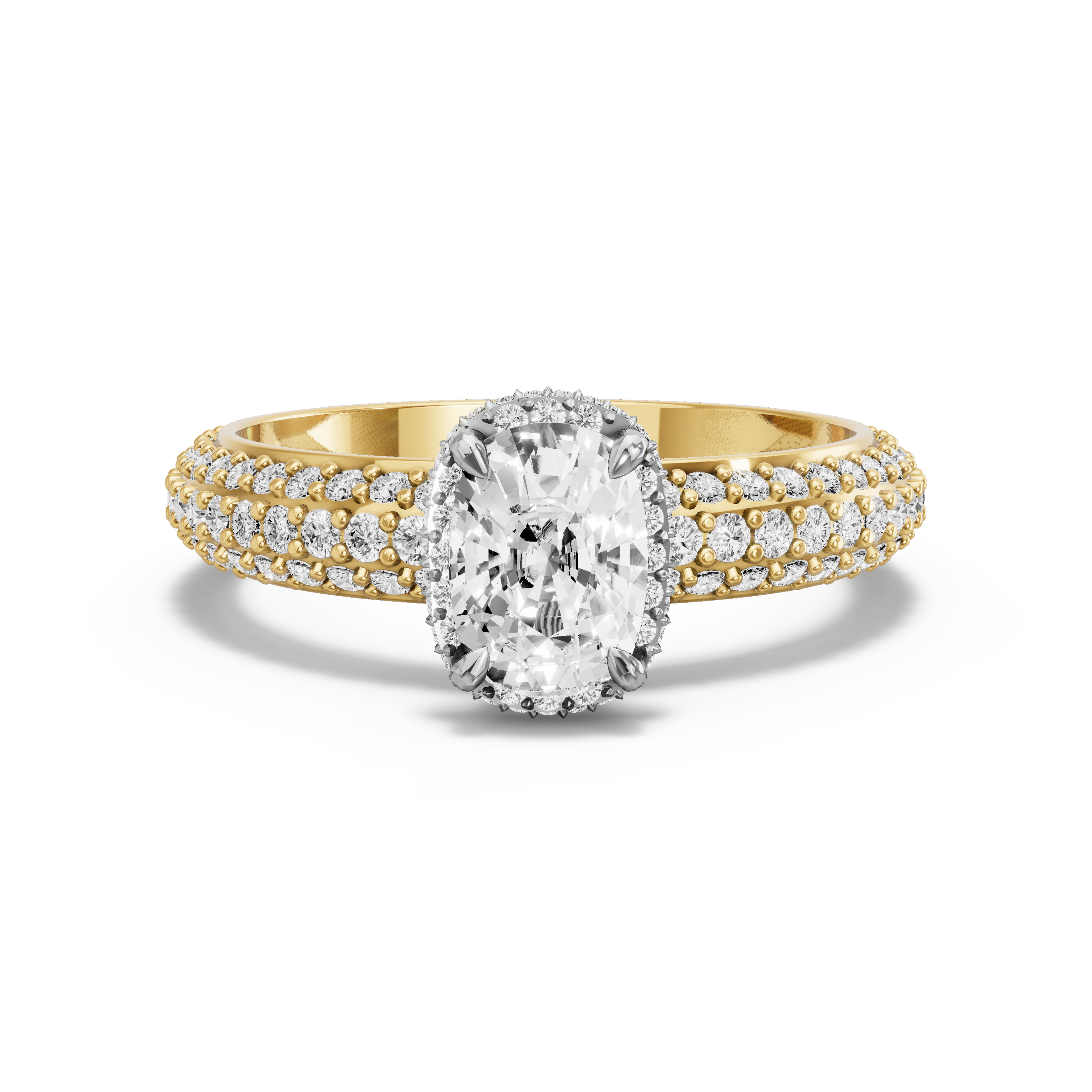 Image for Cushion Dual Halo Ring with Triple Row Pave band in 18K Two Tone Yellow Gold