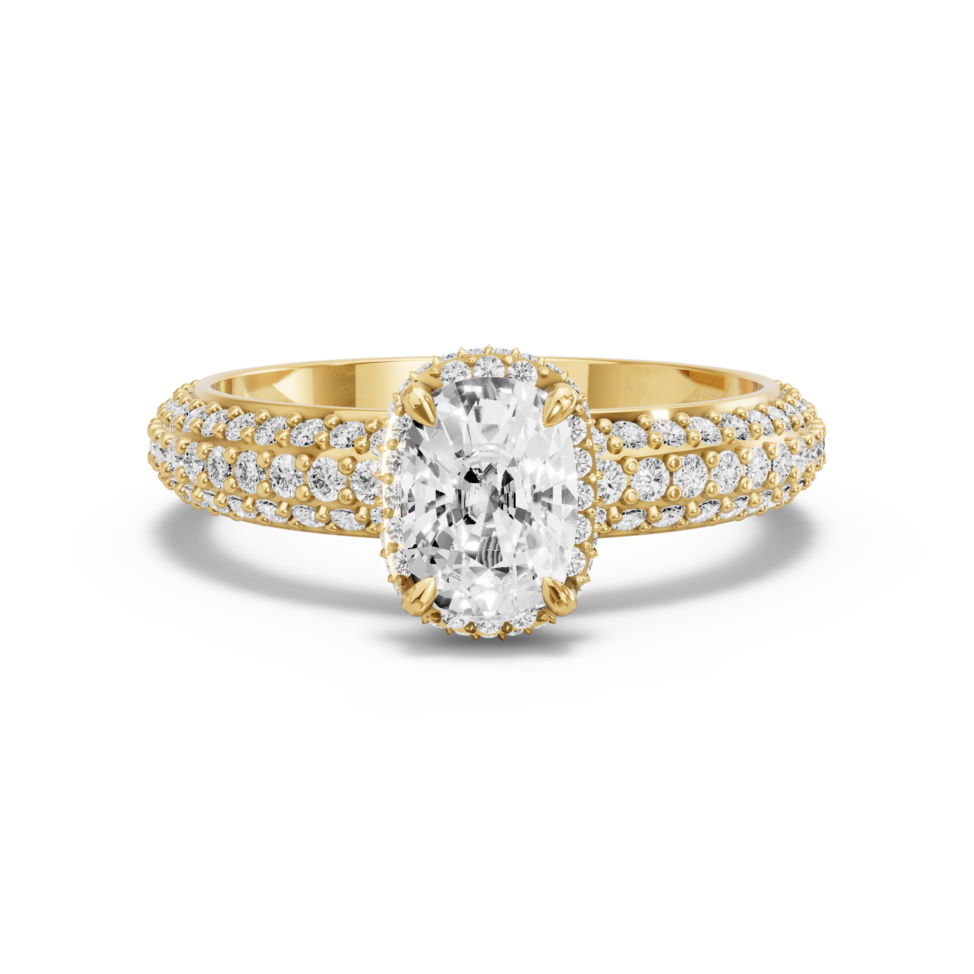 Image for Cushion Dual Halo Ring with Triple Row Pave band in 10K Yellow Gold