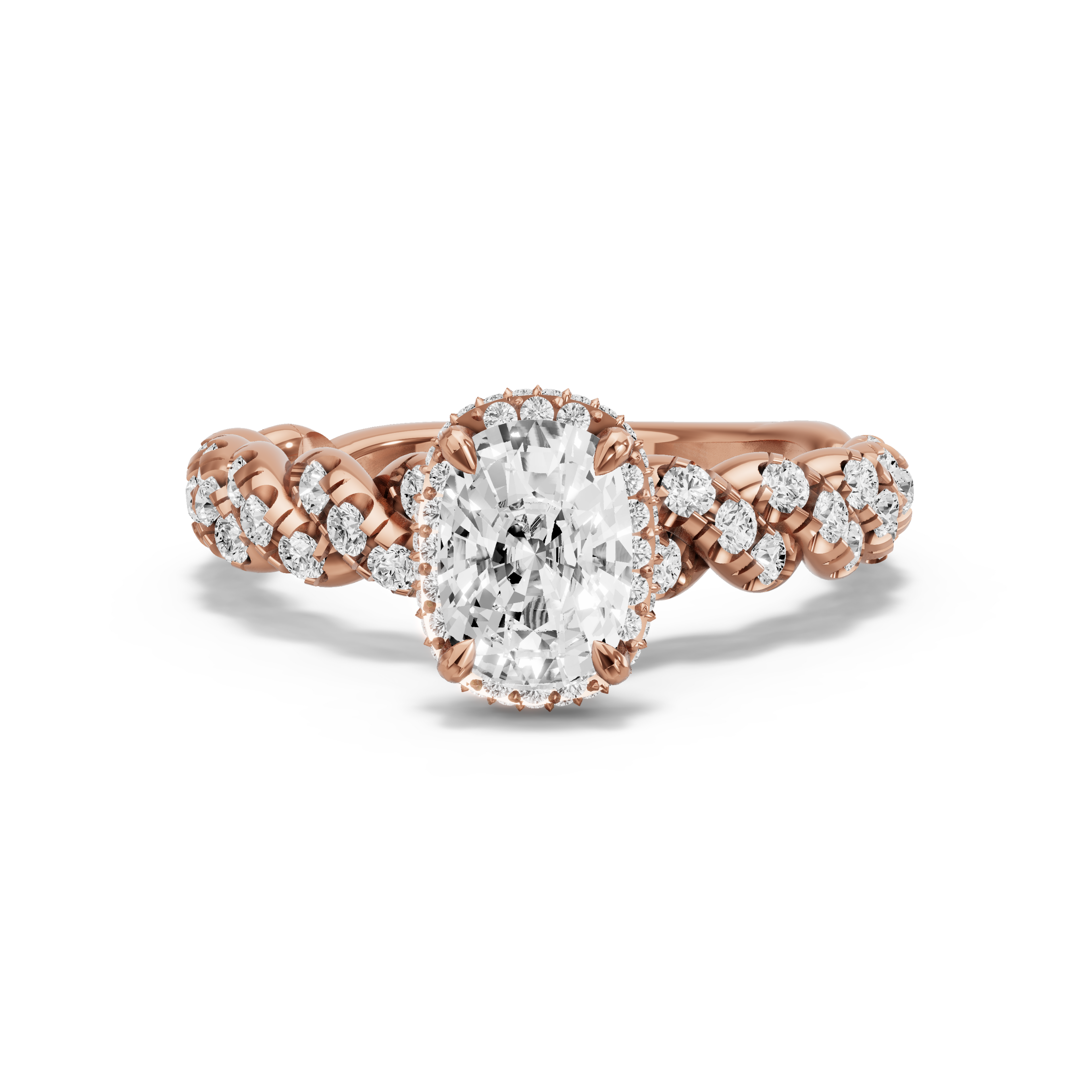 Image for Cushion Dual Halo Ring with Twist Pave band in 10K Rose Gold