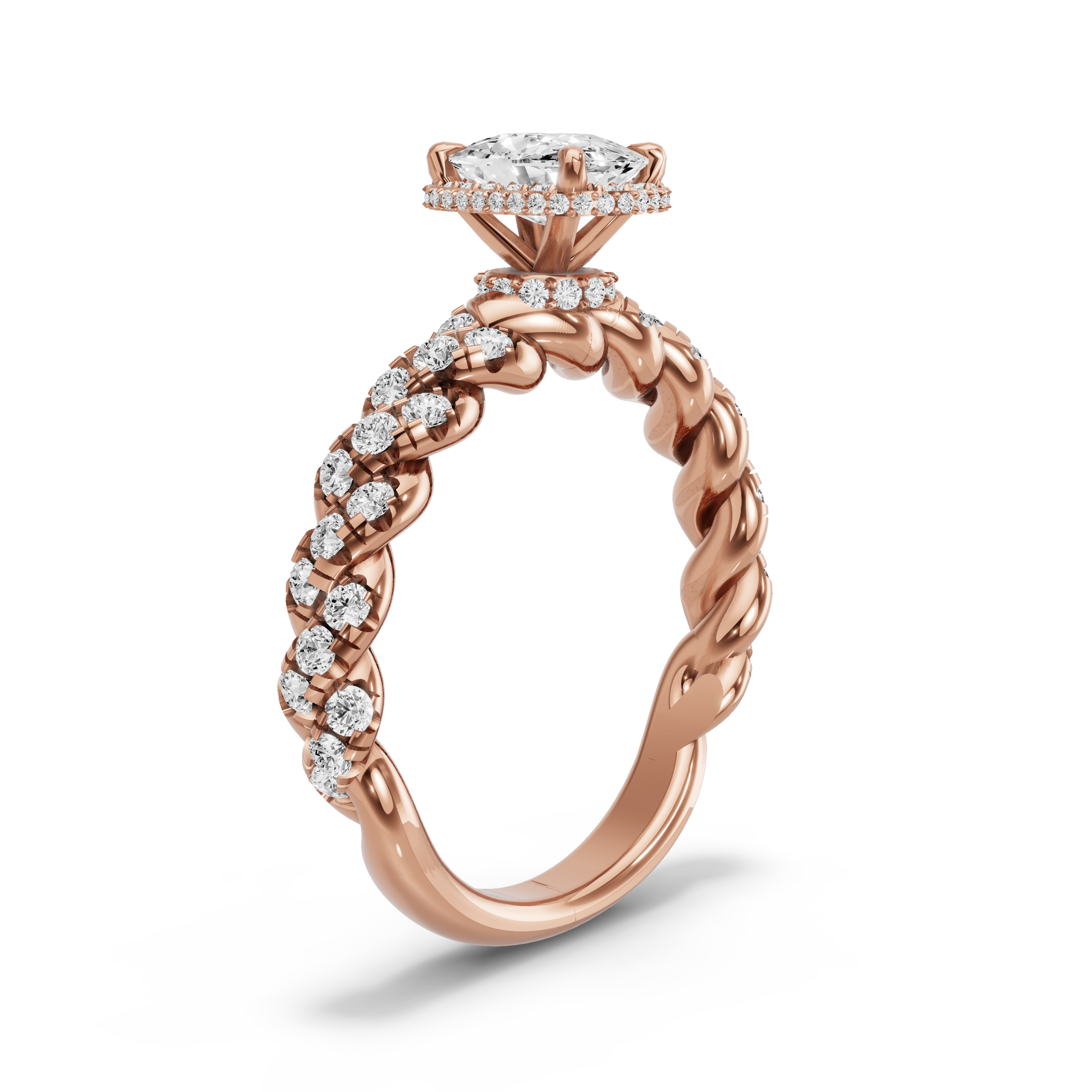Image for Cushion Dual Halo Ring with Twist Pave band in 14K Rose Gold