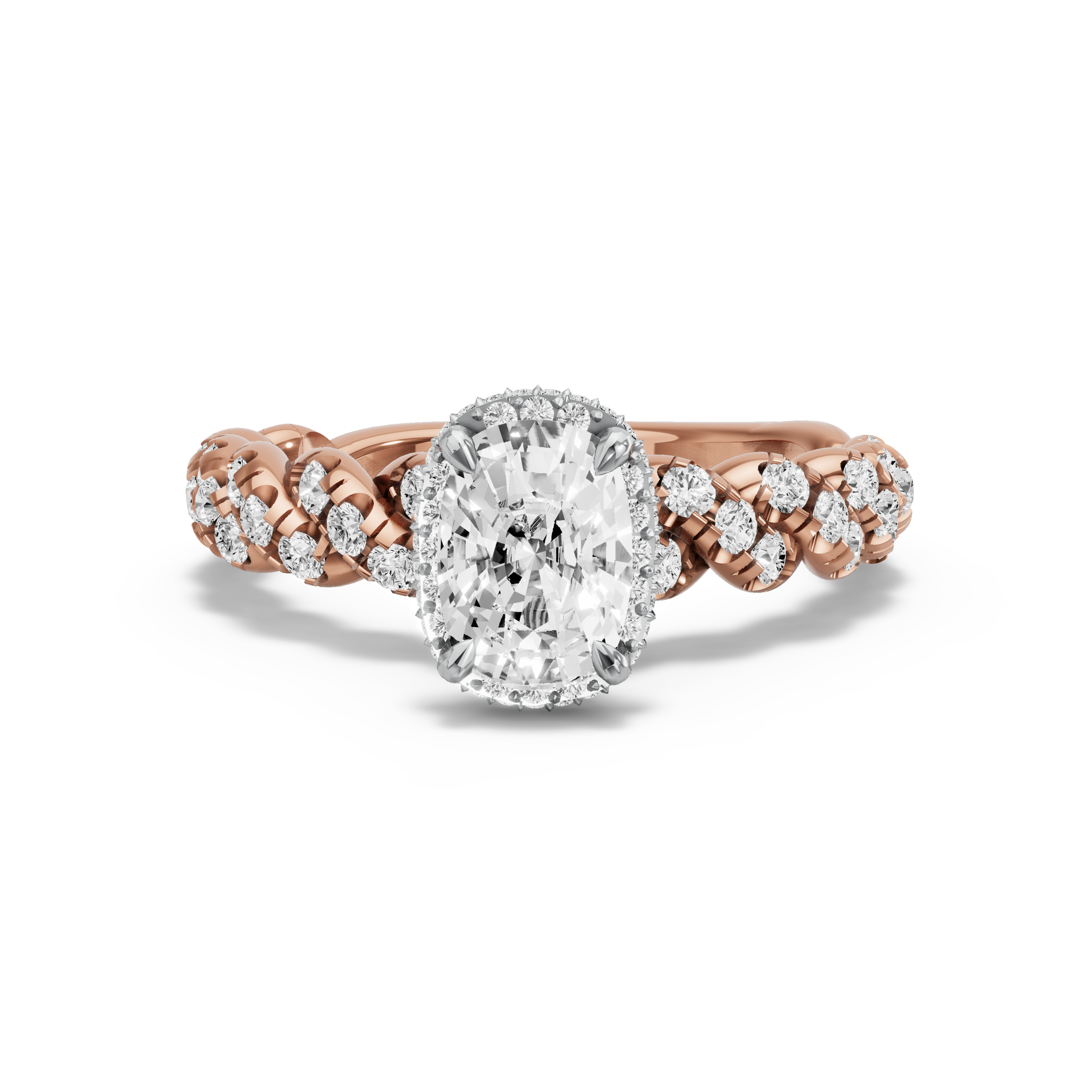 Image for Cushion Dual Halo Ring with Twist Pave band in 14K Two Tone Rose Gold