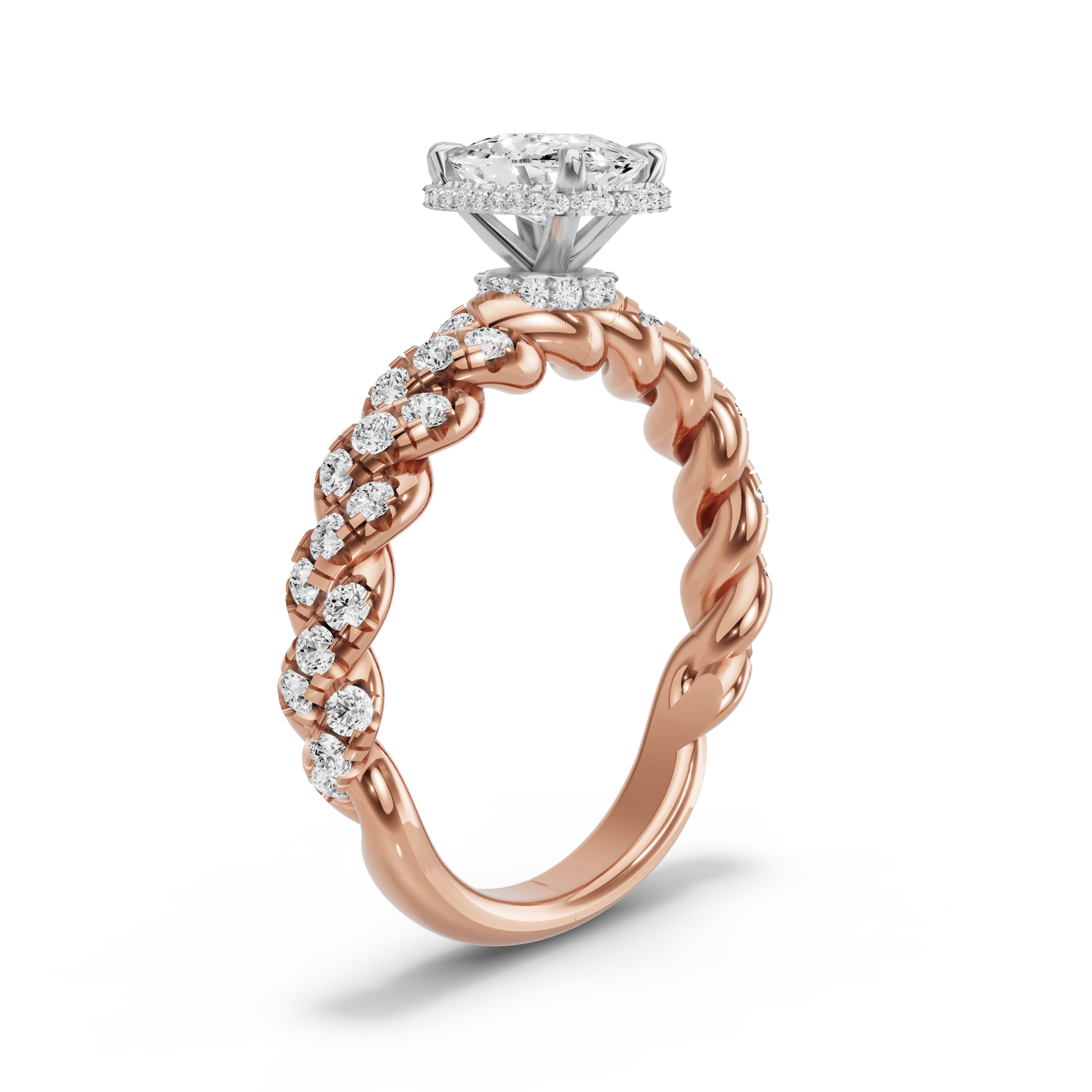 Image for Cushion Dual Halo Ring with Twist Pave band in 10K Two Tone Rose Gold