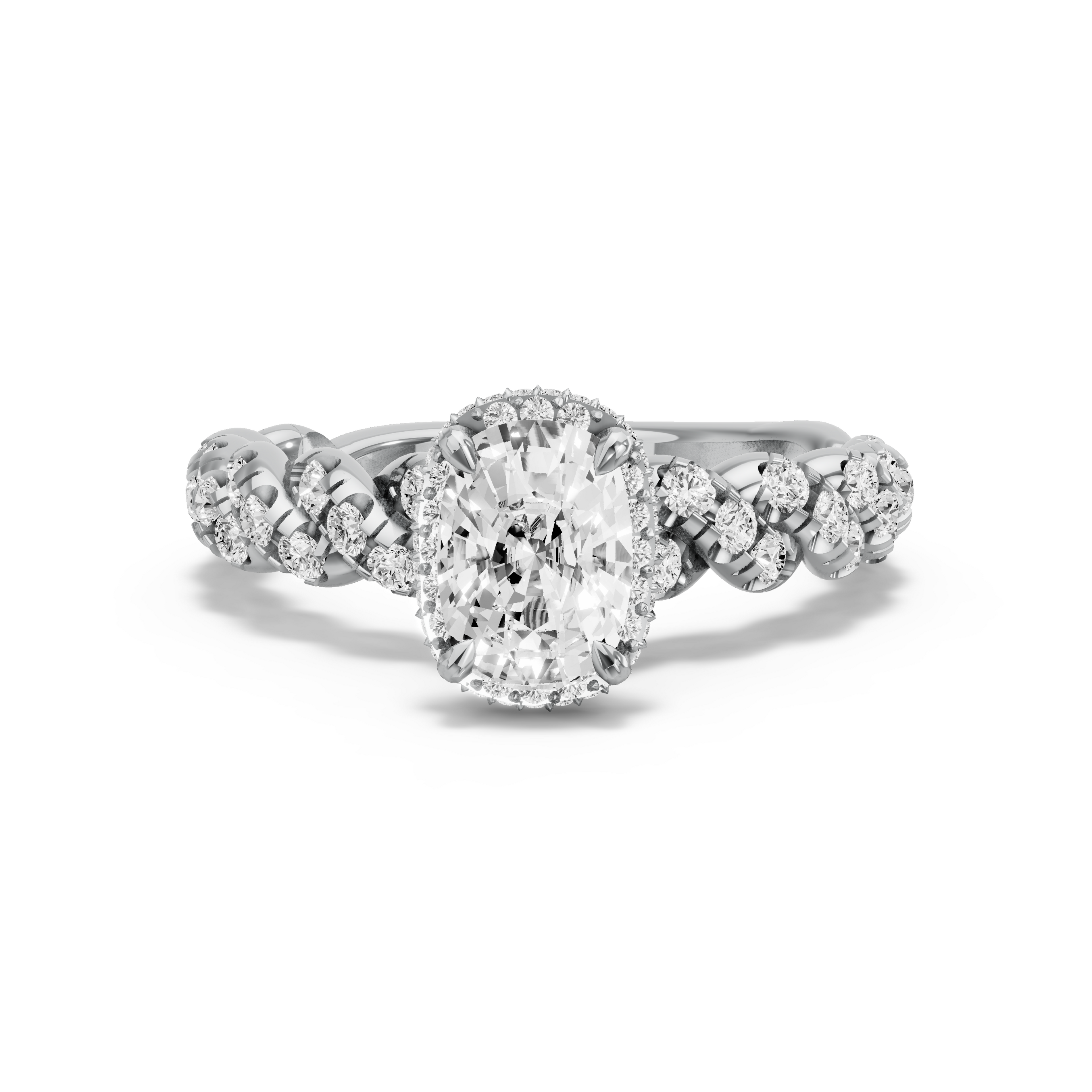 Image for Cushion Dual Halo Ring with Twist Pave band in 18K White Gold