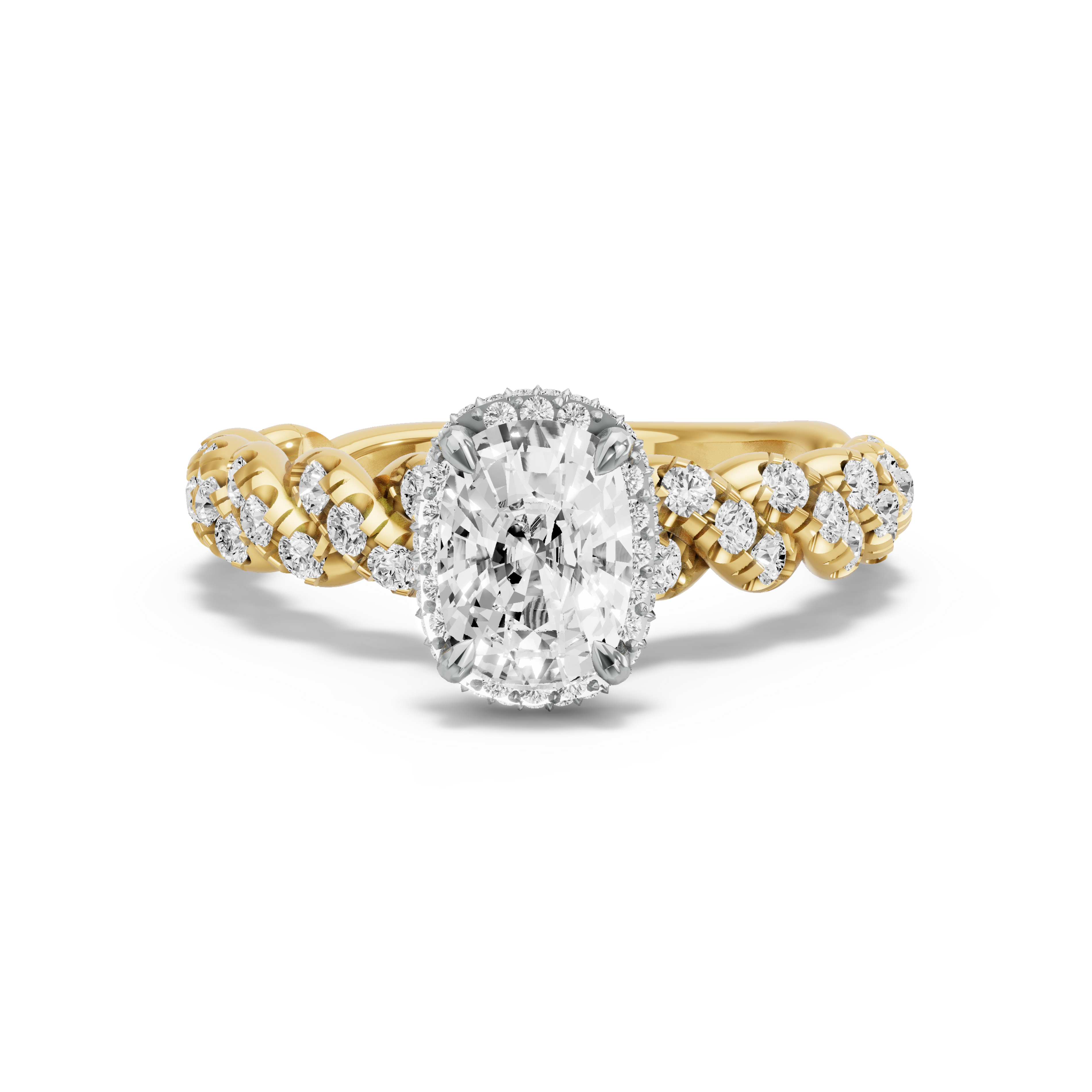 Image for Cushion Dual Halo Ring with Twist Pave band in 10K Two Tone Yellow Gold