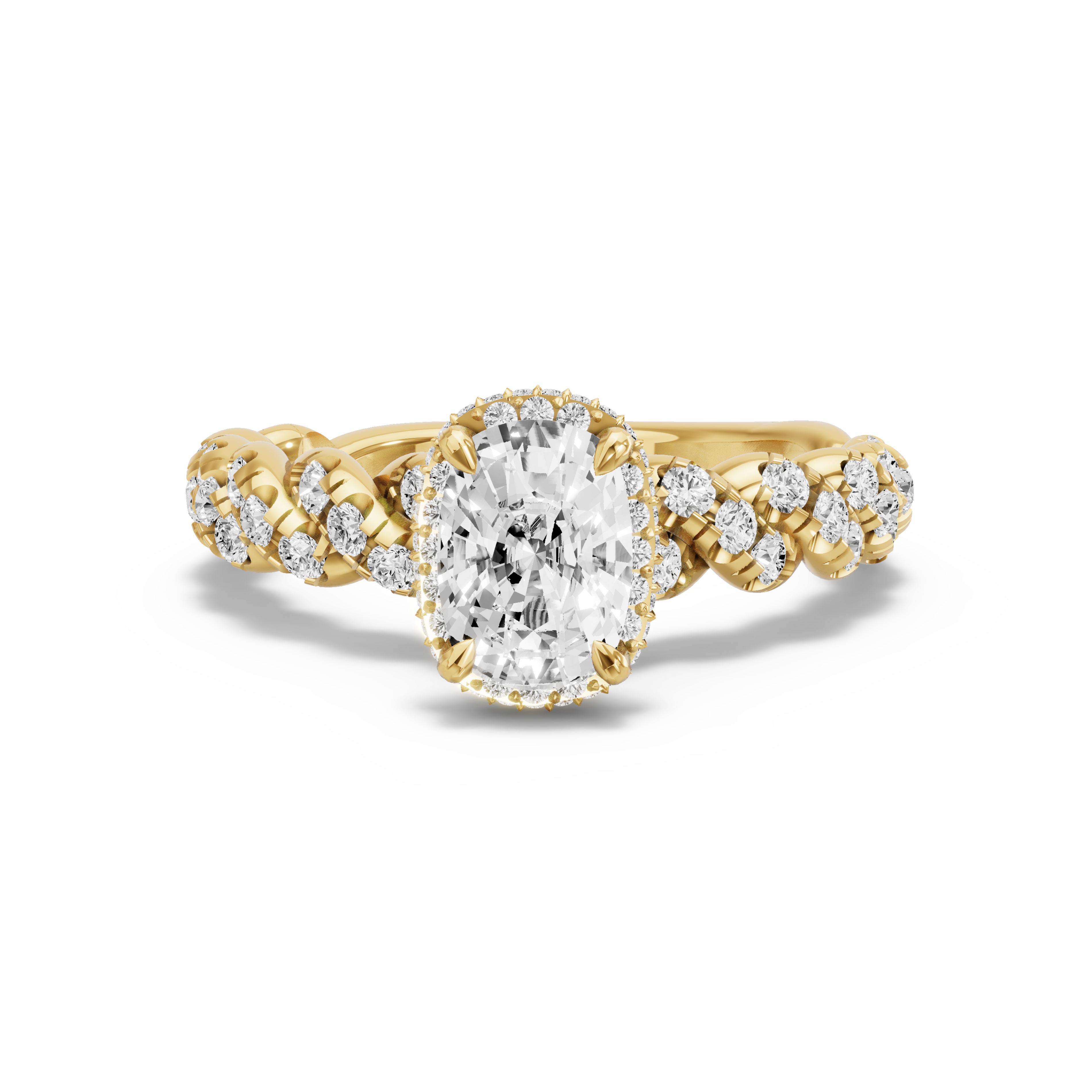 Image for Cushion Dual Halo Ring with Twist Pave band in 14K Yellow Gold