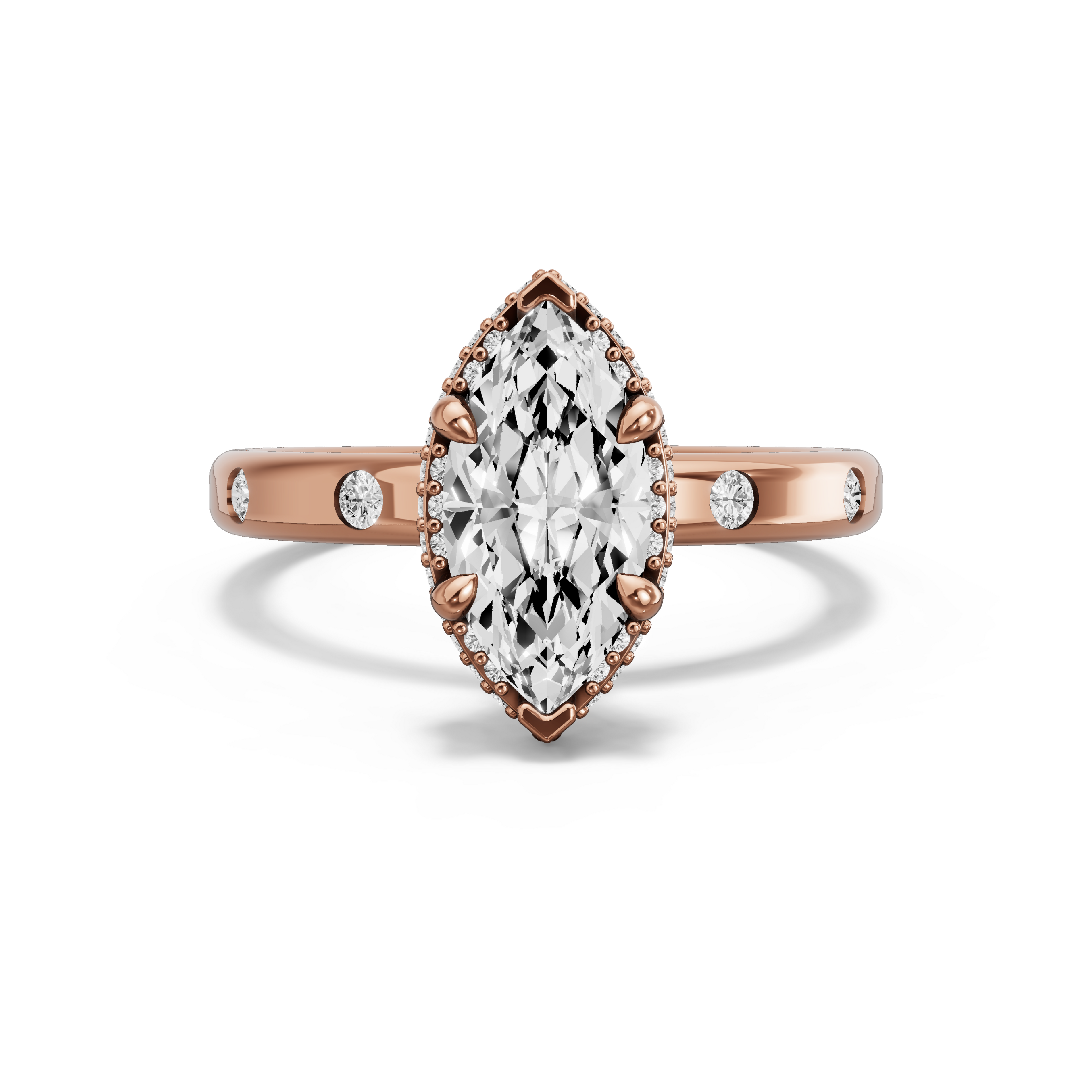 Image for Marquise Dual Halo Ring with Sleek Accent band in 10K Rose Gold