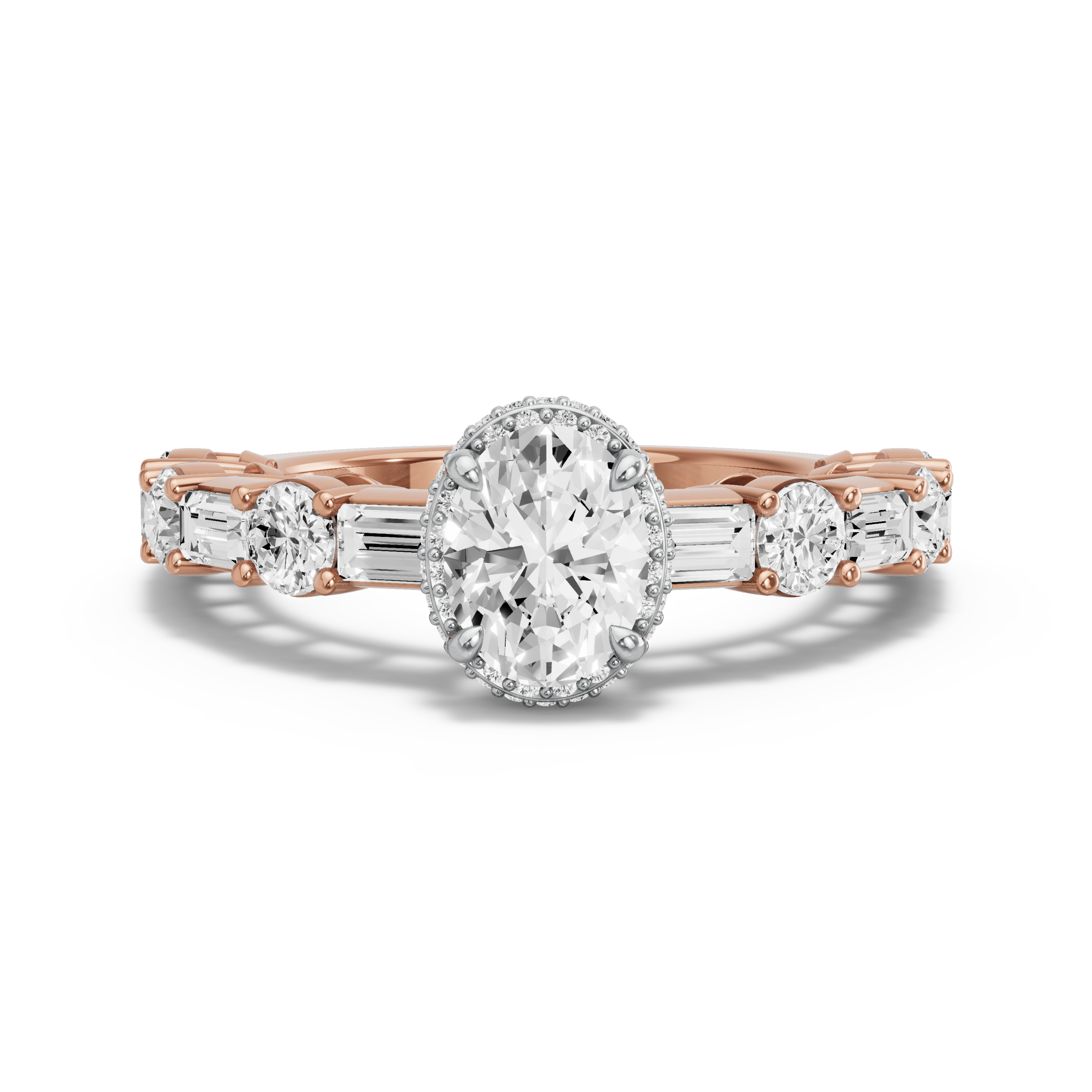 Image for Oval Dual Halo Ring with Alternating Baguette band in 10K Two Tone Rose Gold