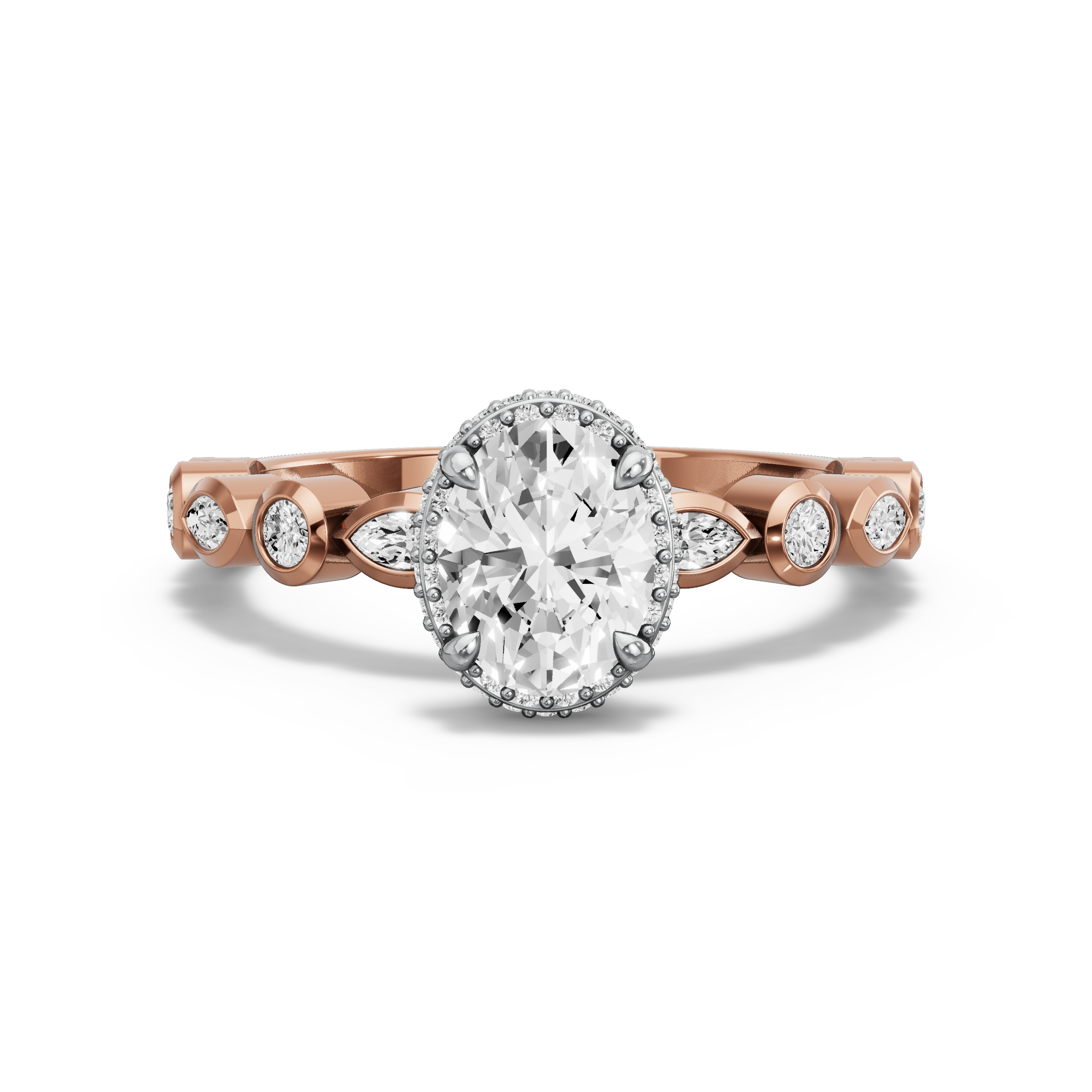 Image for Oval Dual Halo Ring with Alternating Marquise band in 14K Two Tone Rose Gold