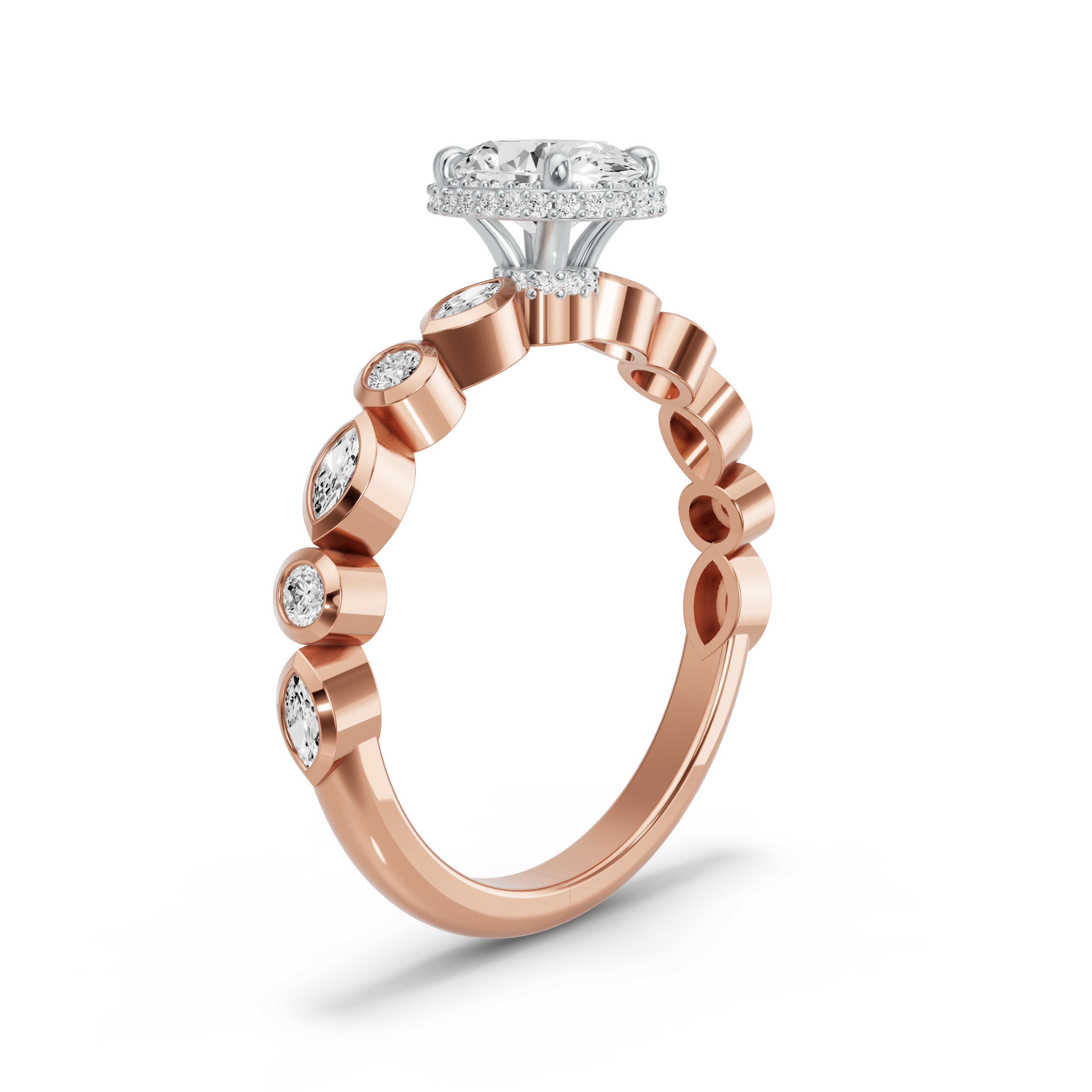 Image for Oval Dual Halo Ring with Alternating Marquise band in 18K Two Tone Rose Gold