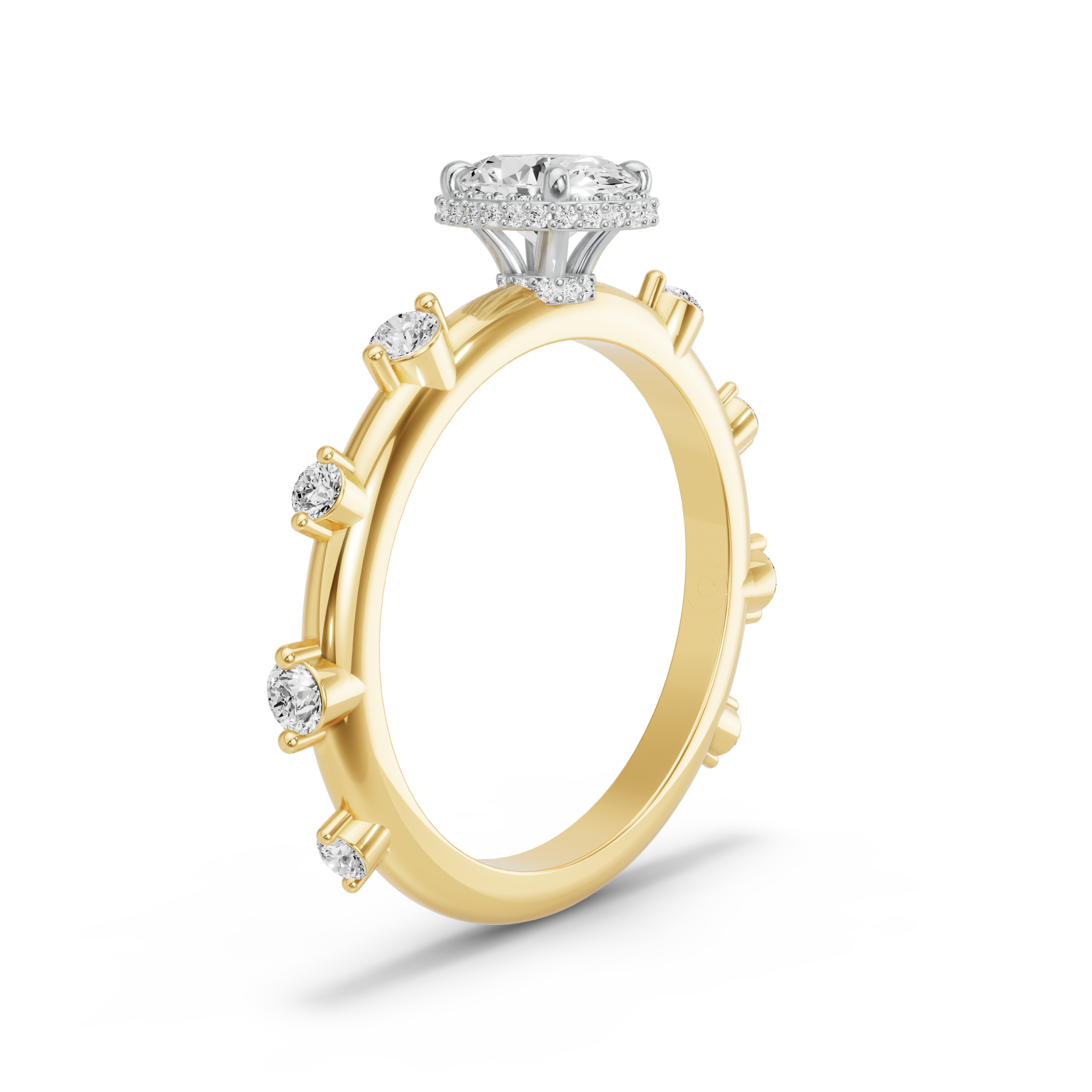 Image for Oval Dual Halo Ring with Floating Station band in 18K Two Tone Yellow Gold