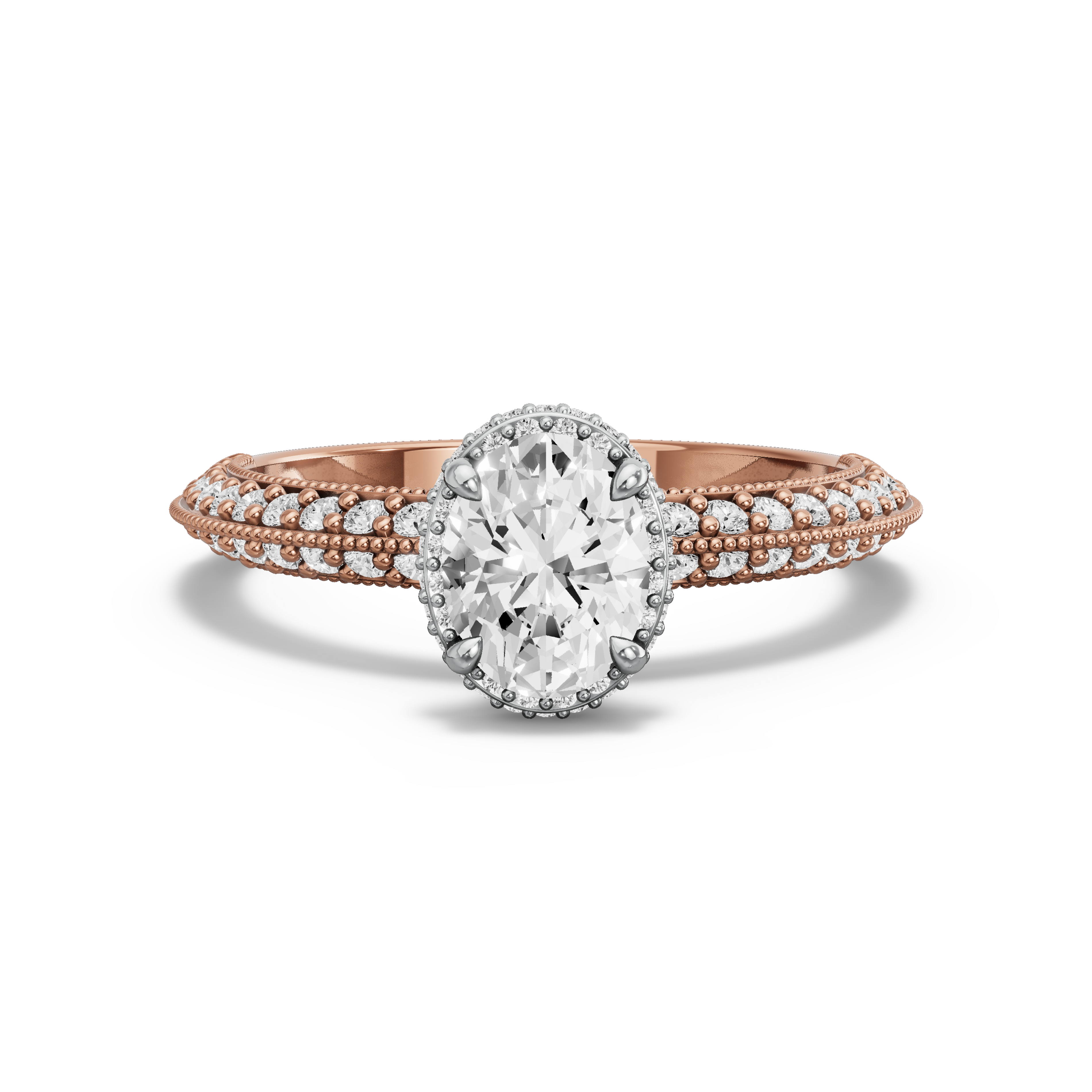 Image for Oval Dual Halo Ring with Knife Edge Pave band in 10K Two Tone Rose Gold