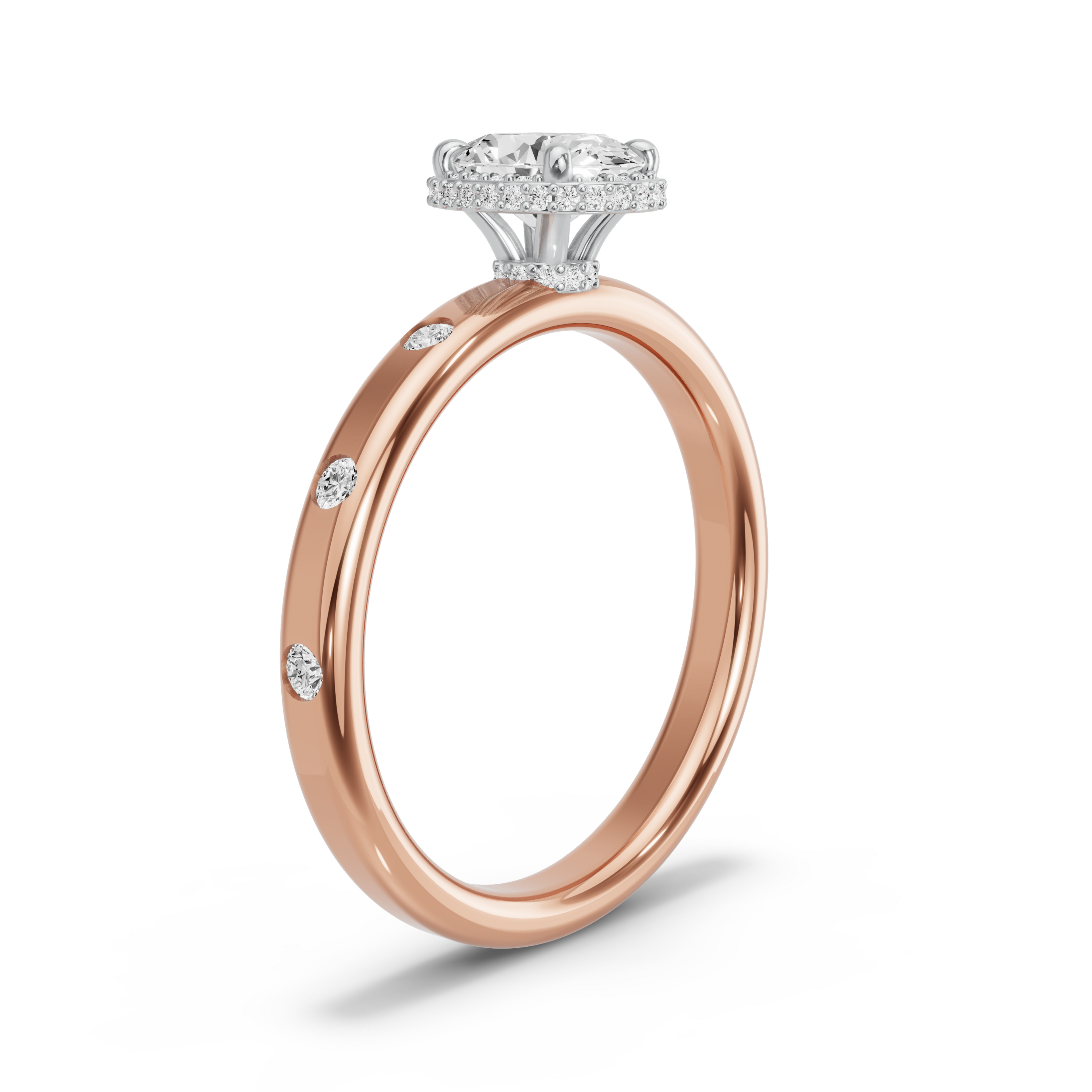 Image for Oval Dual Halo Ring with Sleek Accent band in 14K Two Tone Rose Gold
