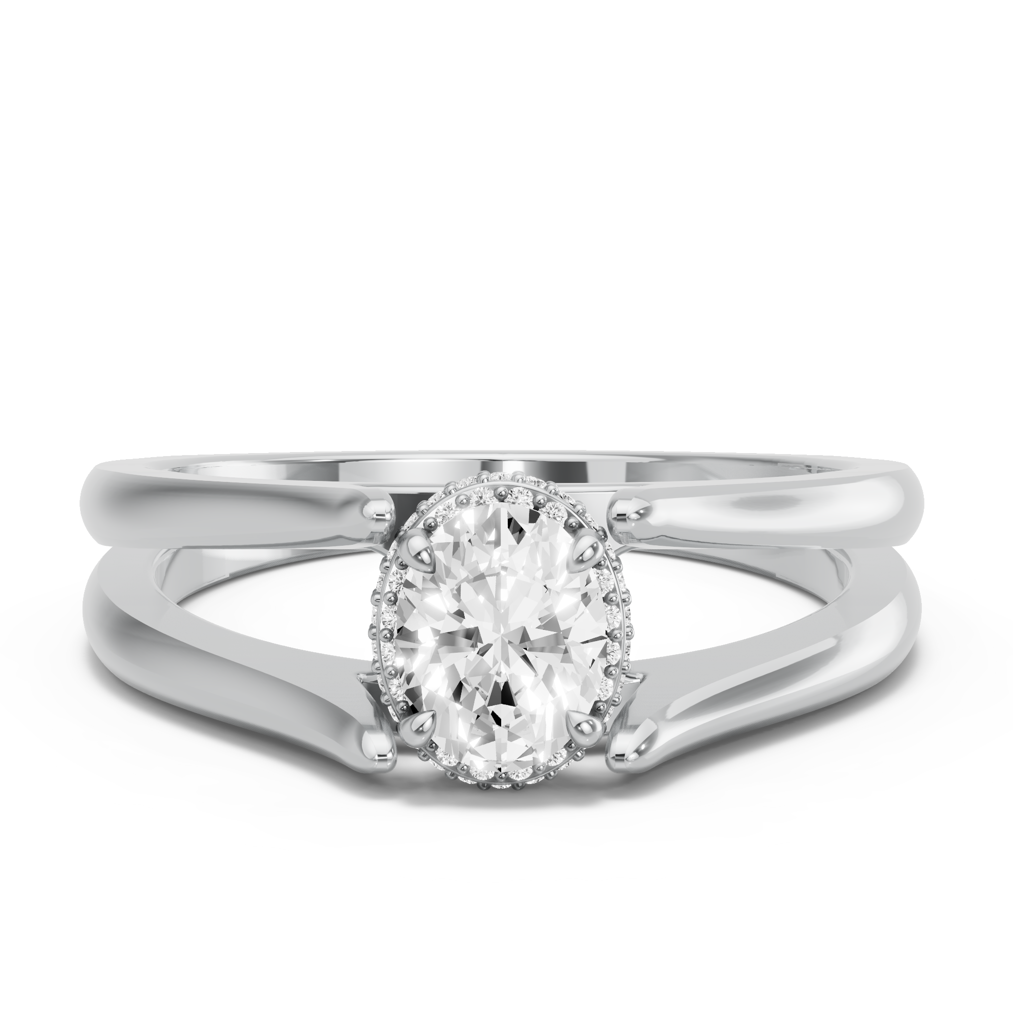 Image for Oval Dual Halo Ring with Split Ring Solitaire band in 14K White Gold