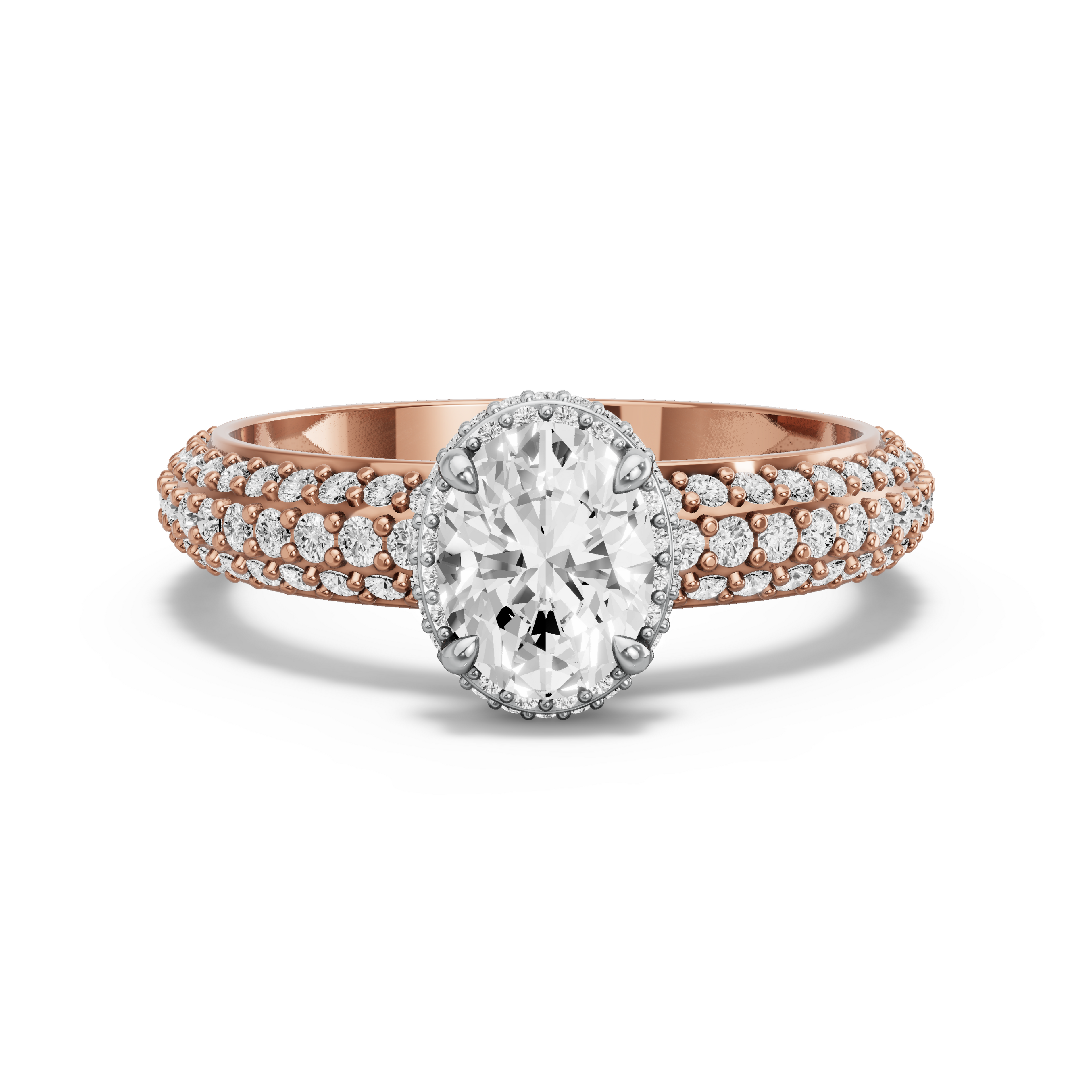 Image for Oval Dual Halo Ring with Triple Row Pave band in 18K Two Tone Rose Gold