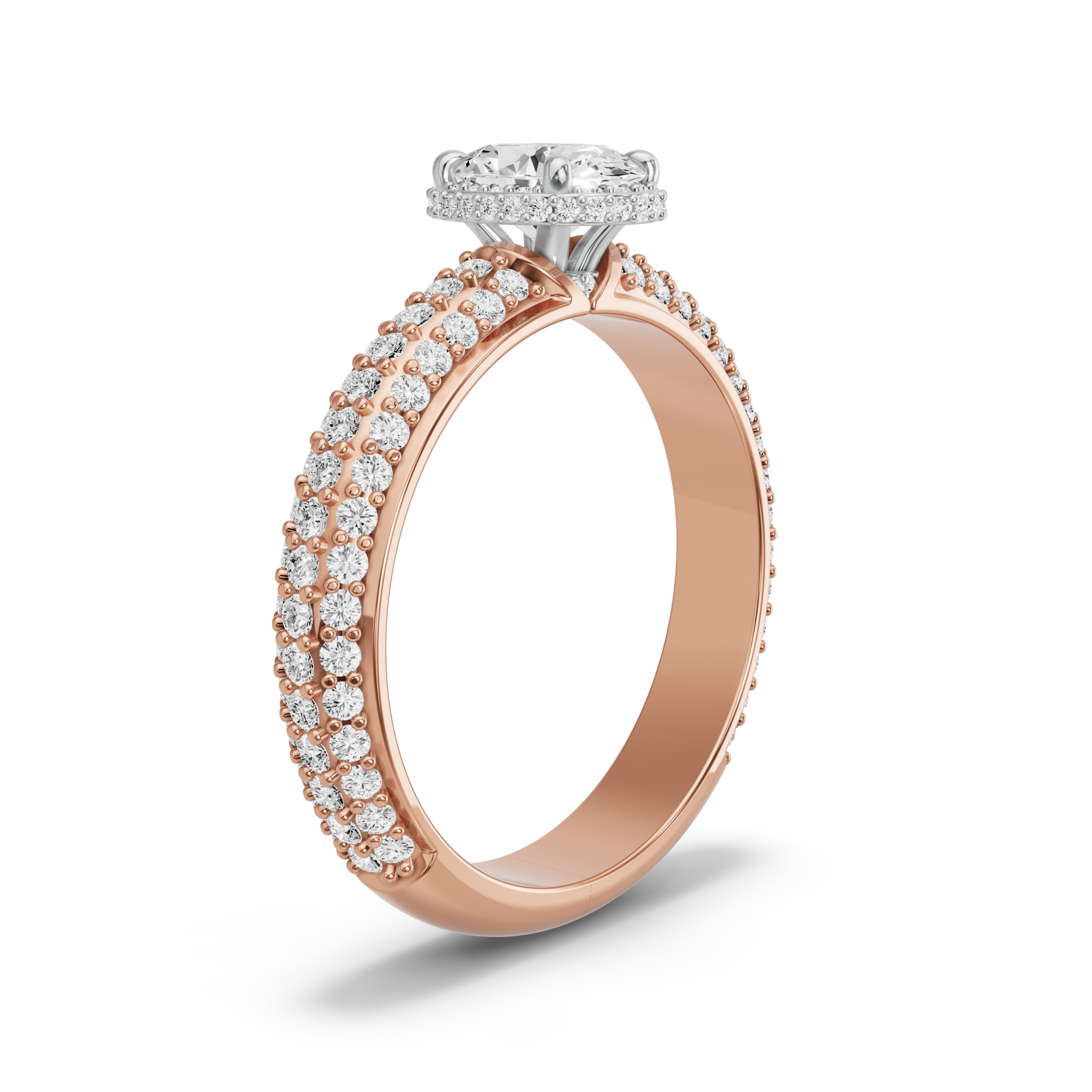 Image for Oval Dual Halo Ring with Triple Row Pave band in 10K Two Tone Rose Gold