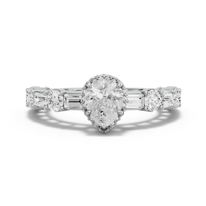 Image for Pear Dual Halo Ring with Alternating Baguette band in 10K White Gold