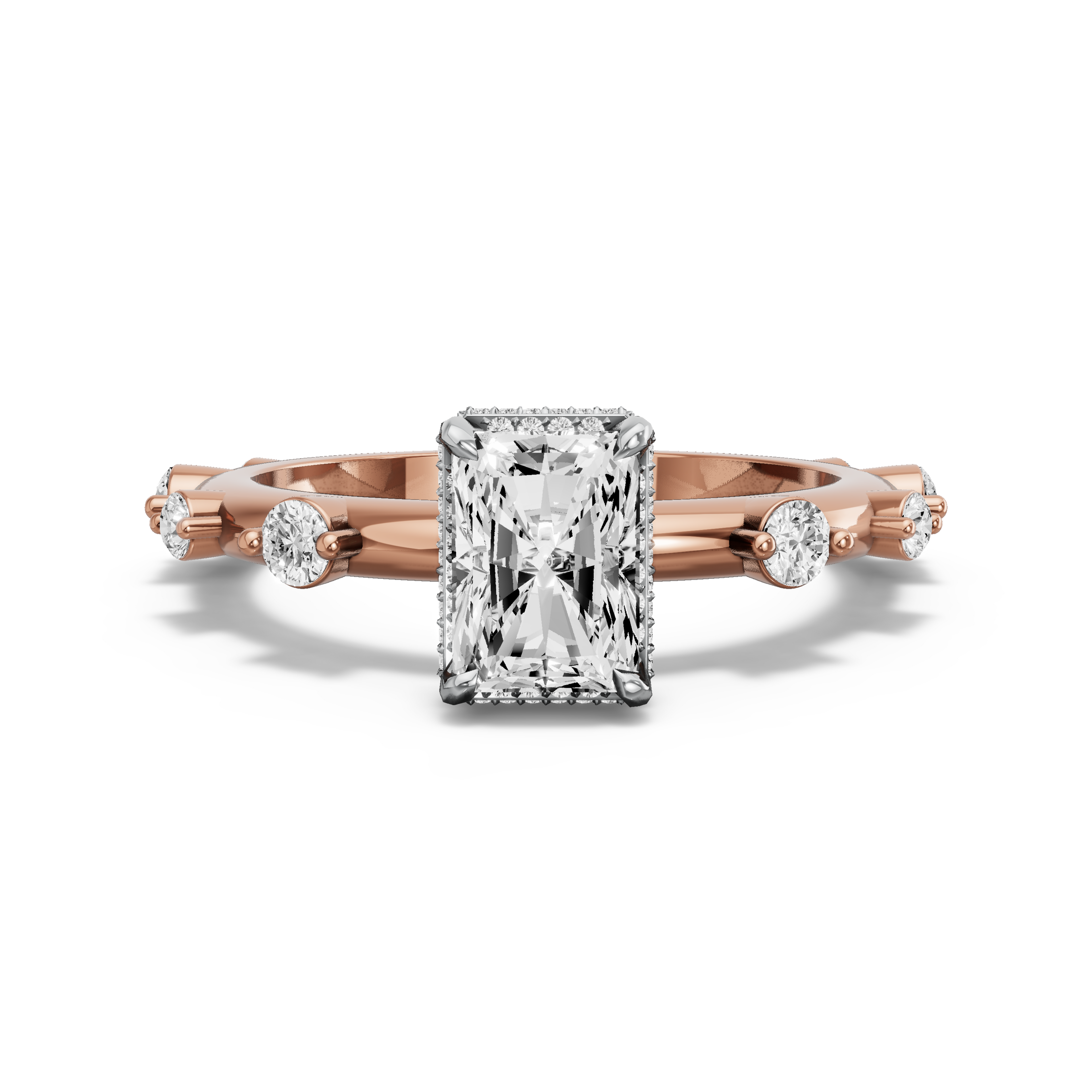 Image for Radiant Dual Halo Ring with Floating Station band in 10K Two Tone Rose Gold