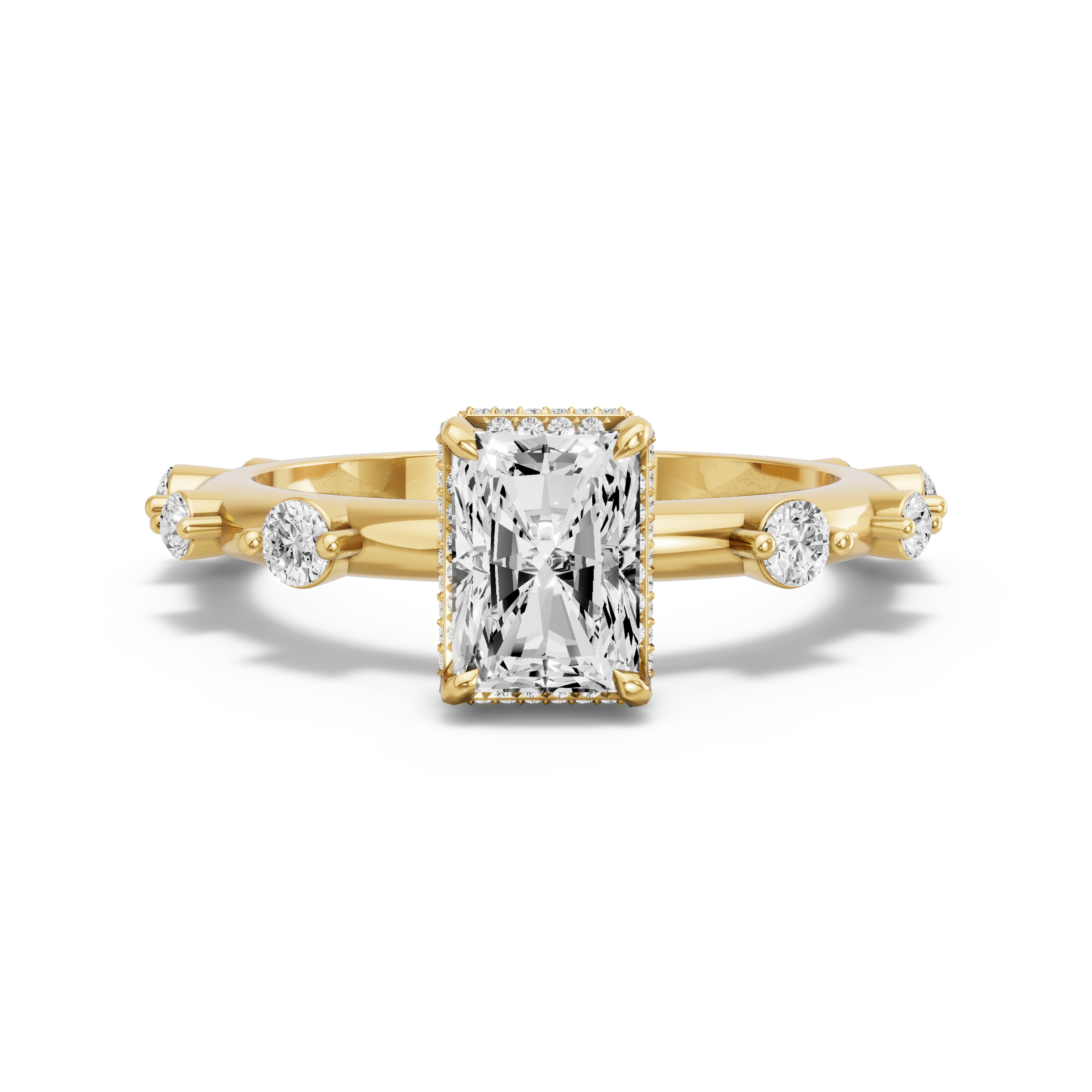 Image for Radiant Dual Halo Ring with Floating Station band in 18K Yellow Gold