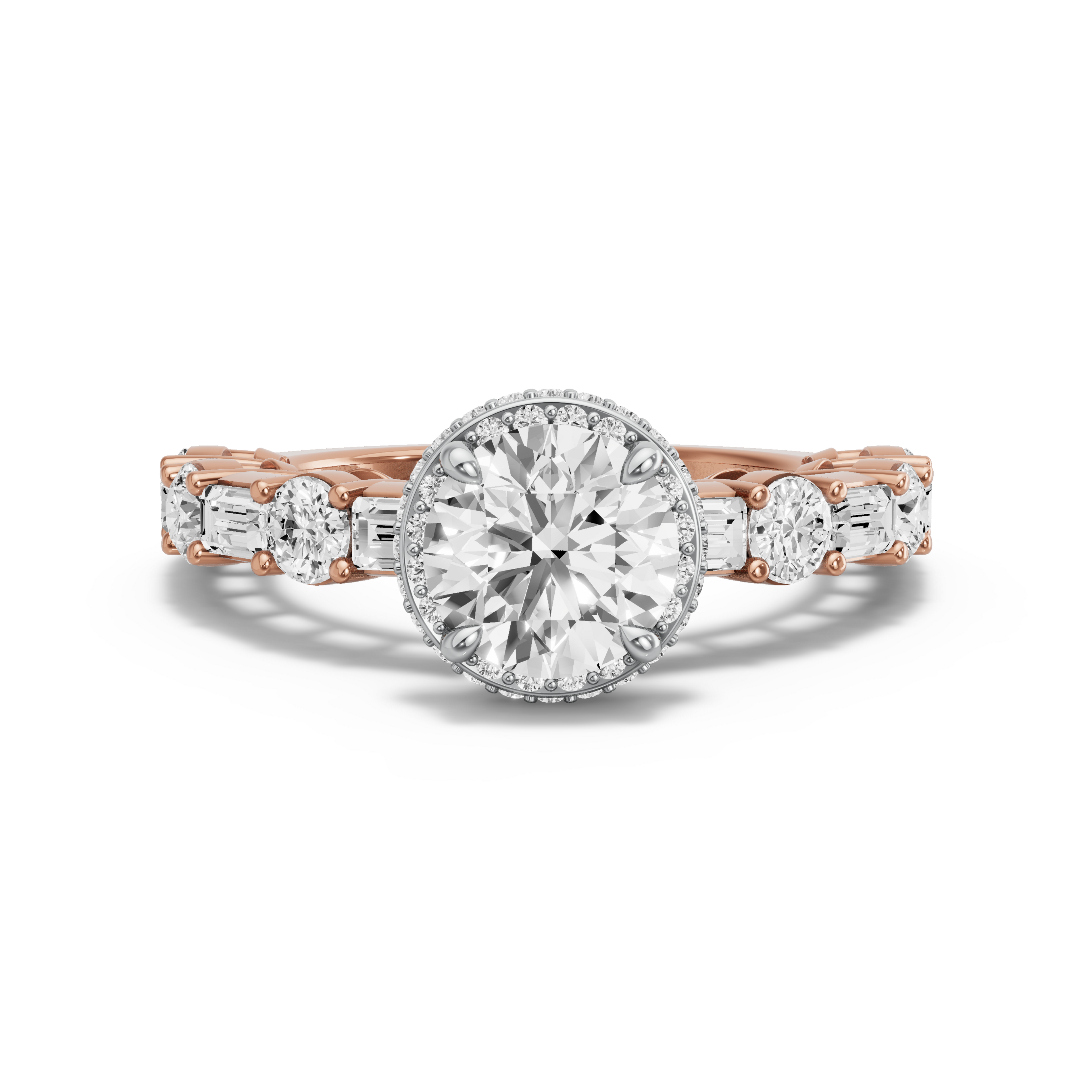 Image for Round Dual Halo Ring with Alternating Baguette band in 10K Two Tone Rose Gold