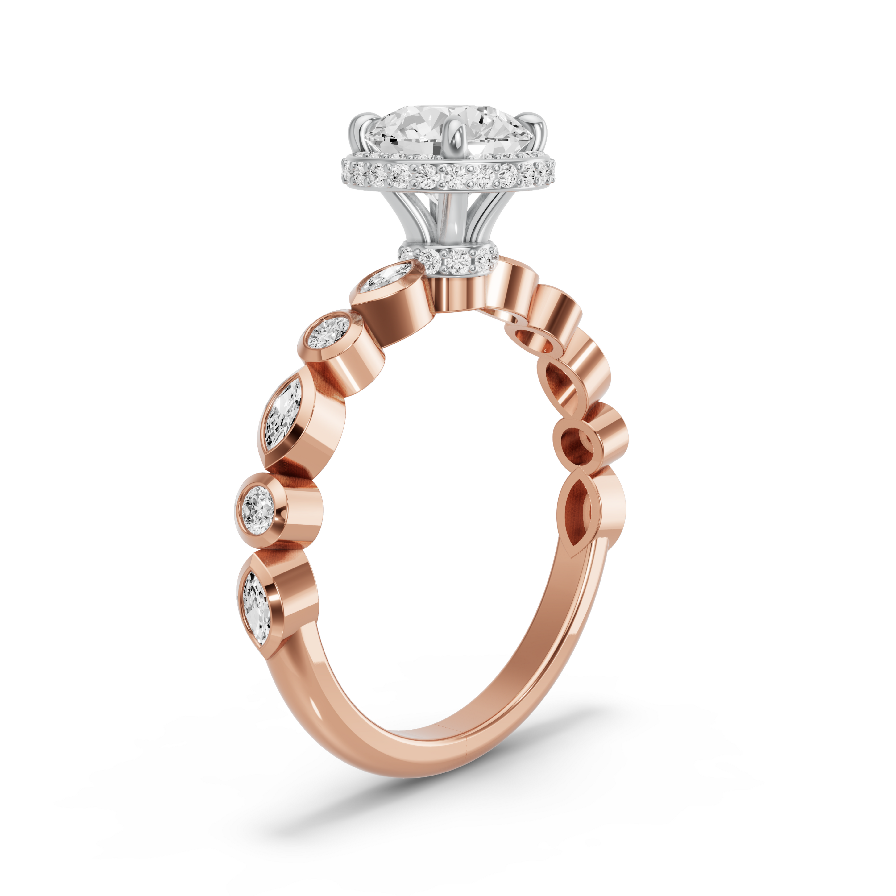 Image for Round Dual Halo Ring with Alternating Marquise band in 14K Two Tone Rose Gold