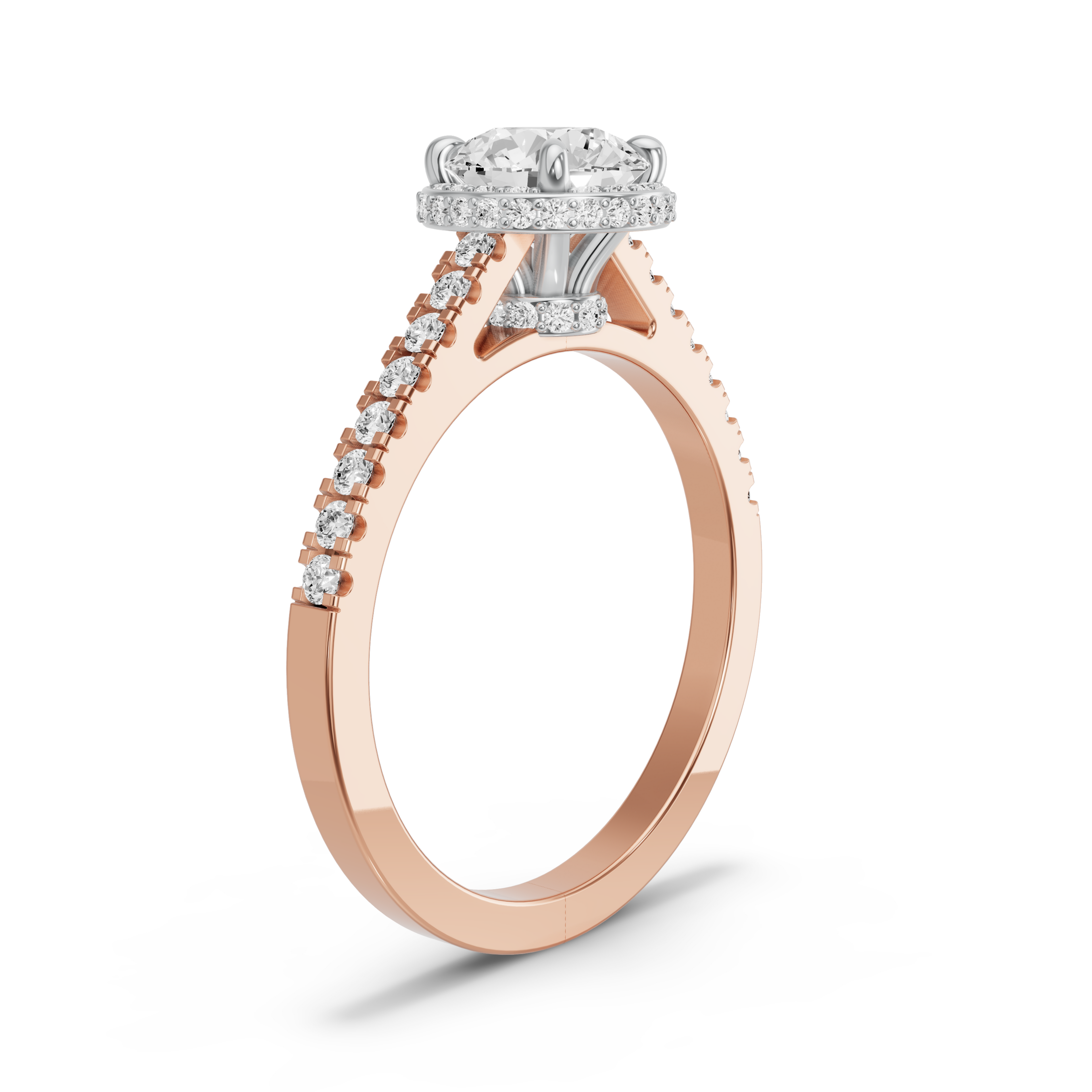 Image for Round Dual Halo Ring with Cathedral Pave band in 18K Two Tone Rose Gold