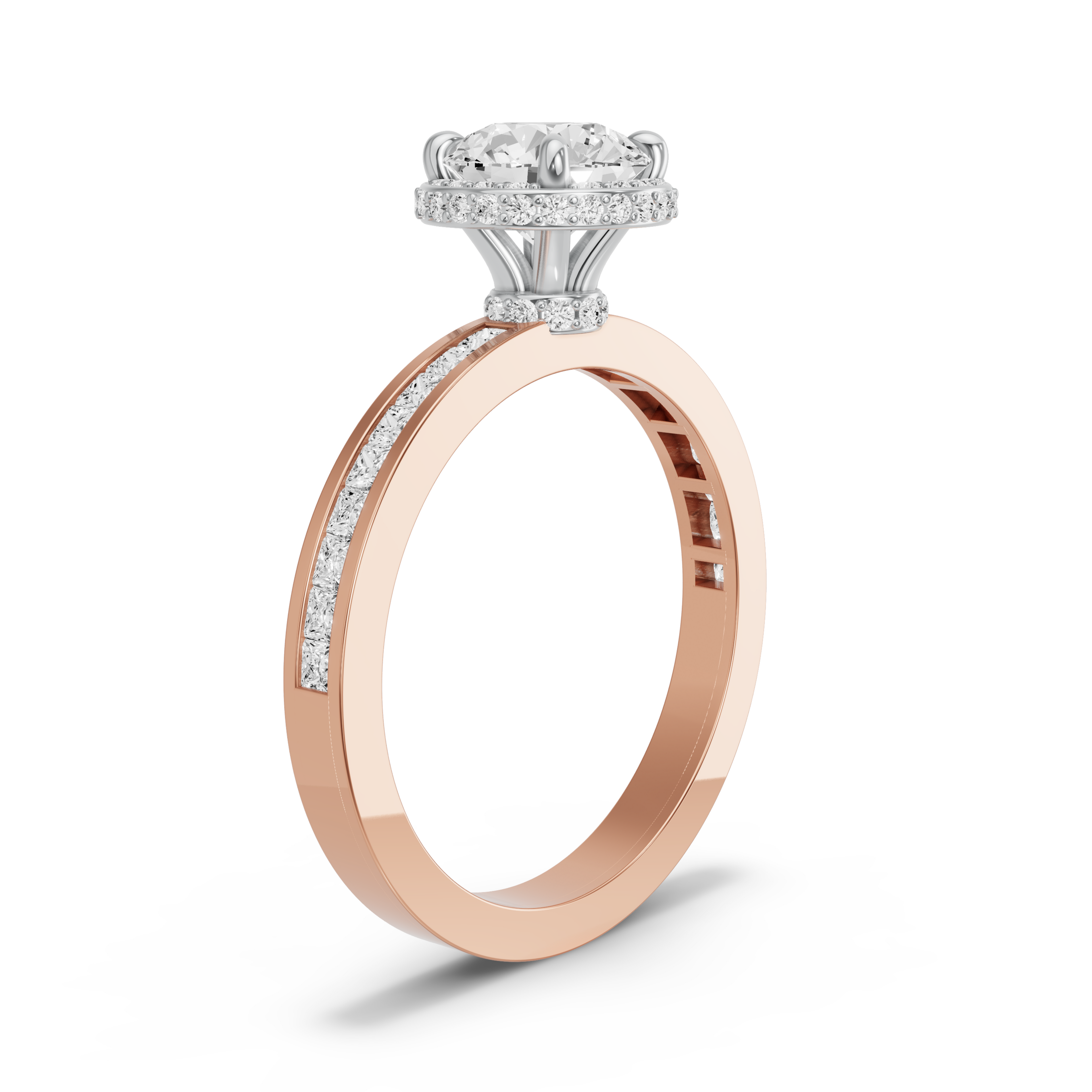 Image for Round Dual Halo Ring with Channel band in 14K Two Tone Rose Gold
